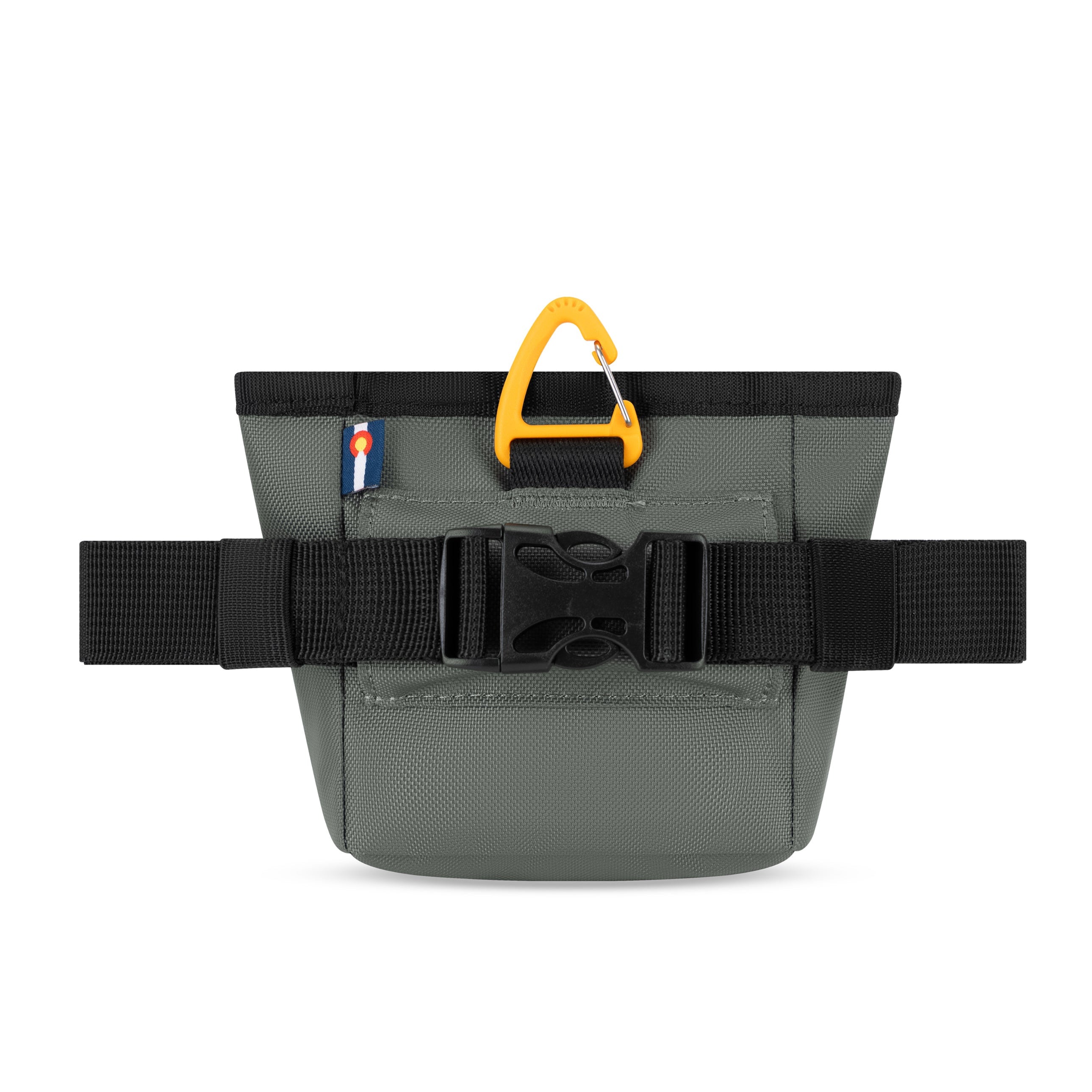 Back view of the gray OllyDog Goodie Treat Bag showing the adjustable black belt strap with buckle, a yellow carabiner clip at the top, and a small blue circular detail #color_juniper