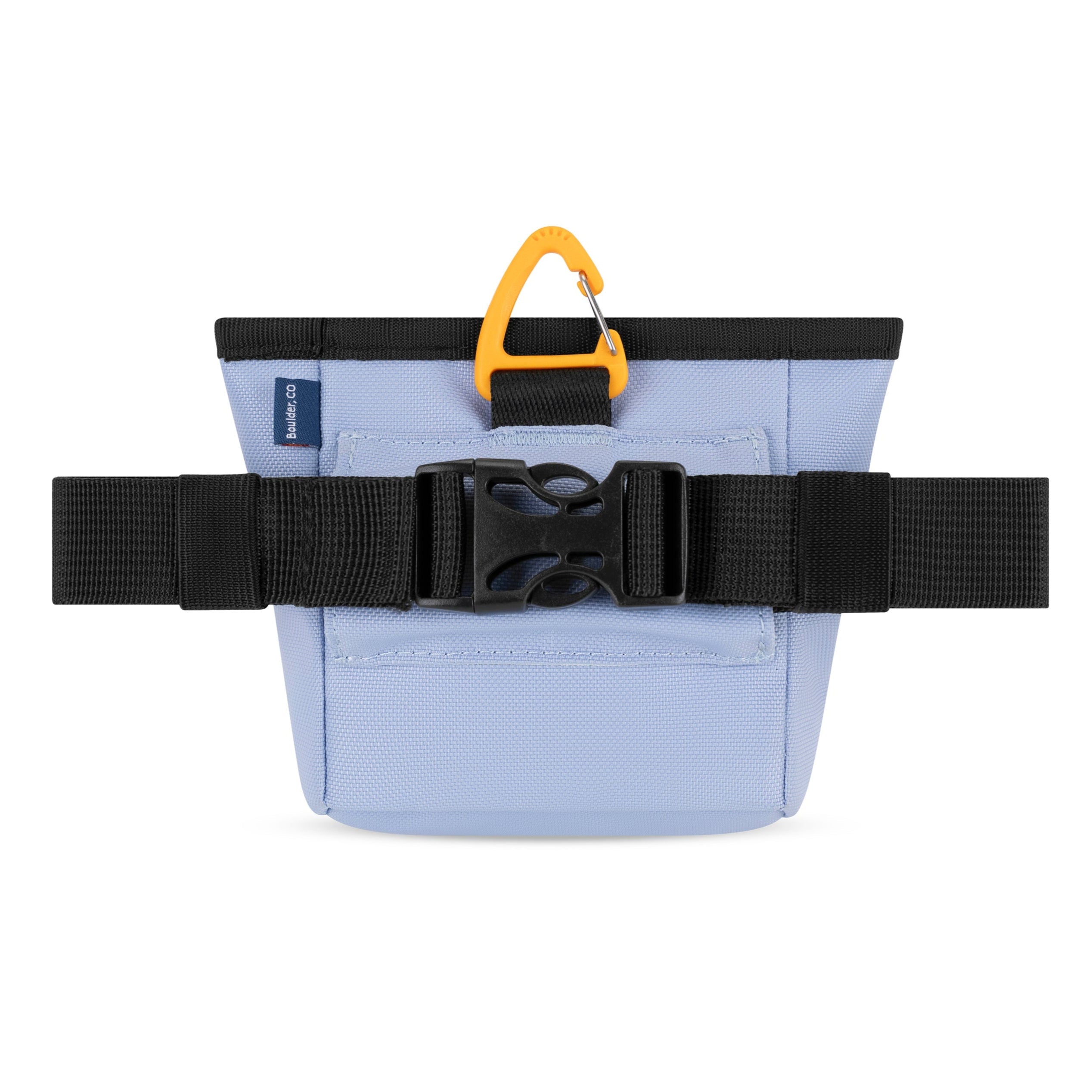 Back view of the light blue OllyDog Goodie Treat Bag showing the adjustable black belt strap with buckle and a yellow carabiner clip at the top #color_blue heron