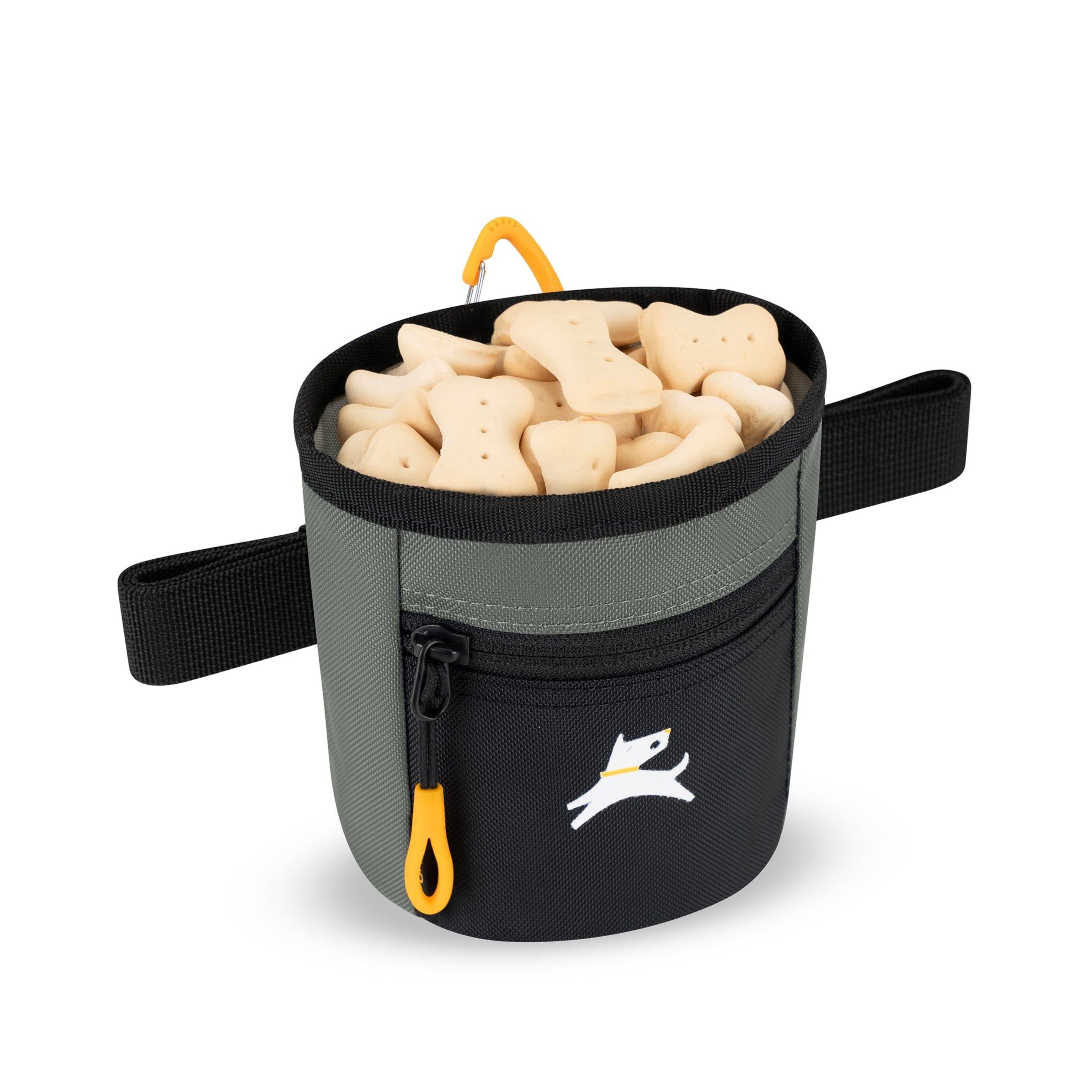 Gray and black OllyDog Goodie Treat Bag filled to the brim with small, light-colored dog treats, highlighting its spacious interior and convenient design with a front zippered pocket, a small blue detail, and a yellow clip #color_juniper