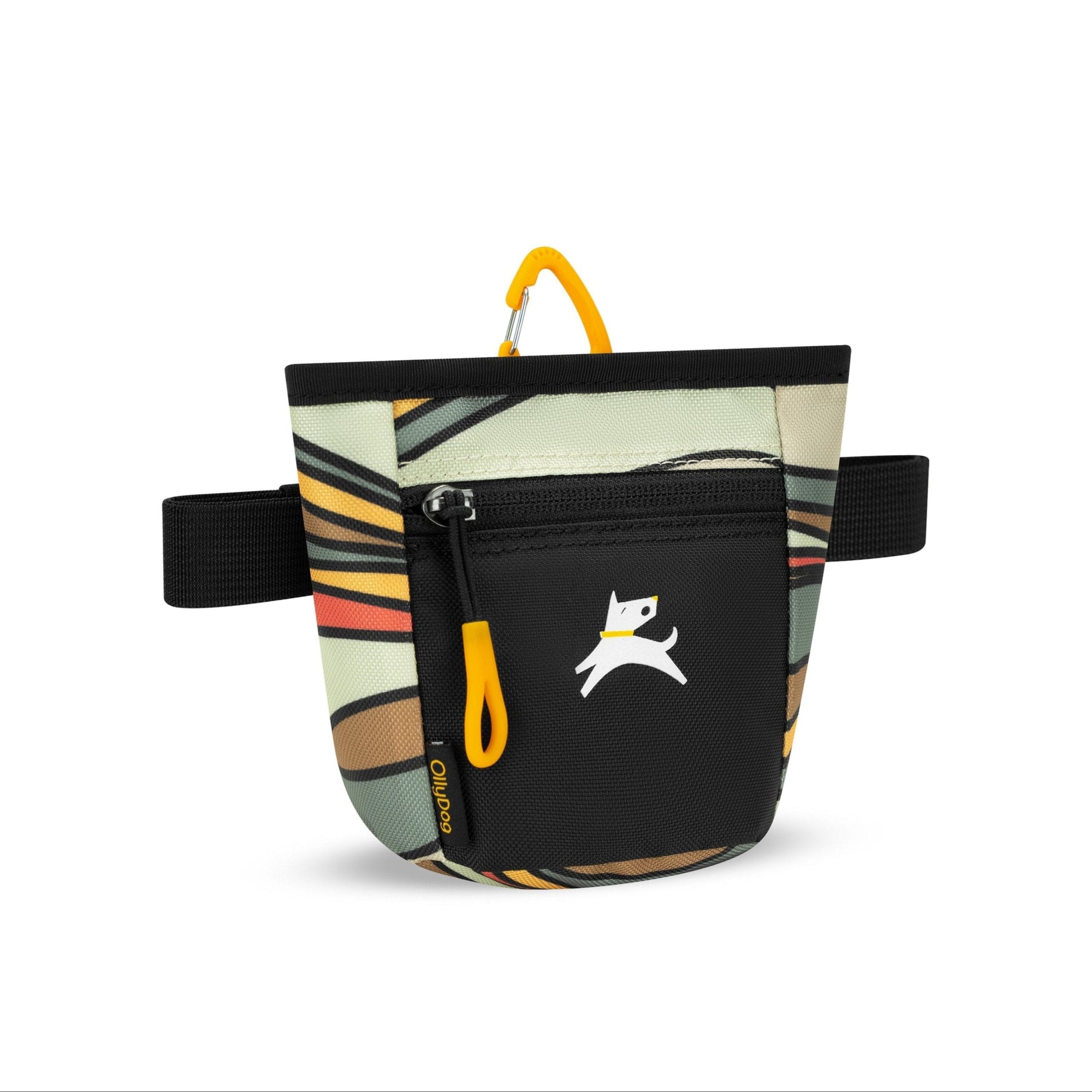Angled front view of OllyDog’s Goodie Treat Bag in Ventura '73. The dog treat pouch includes a magnetic closure on the main compartment, a front zipper pocket, and an adjustable waist strap for hands-free dog training. #color_ventura '73