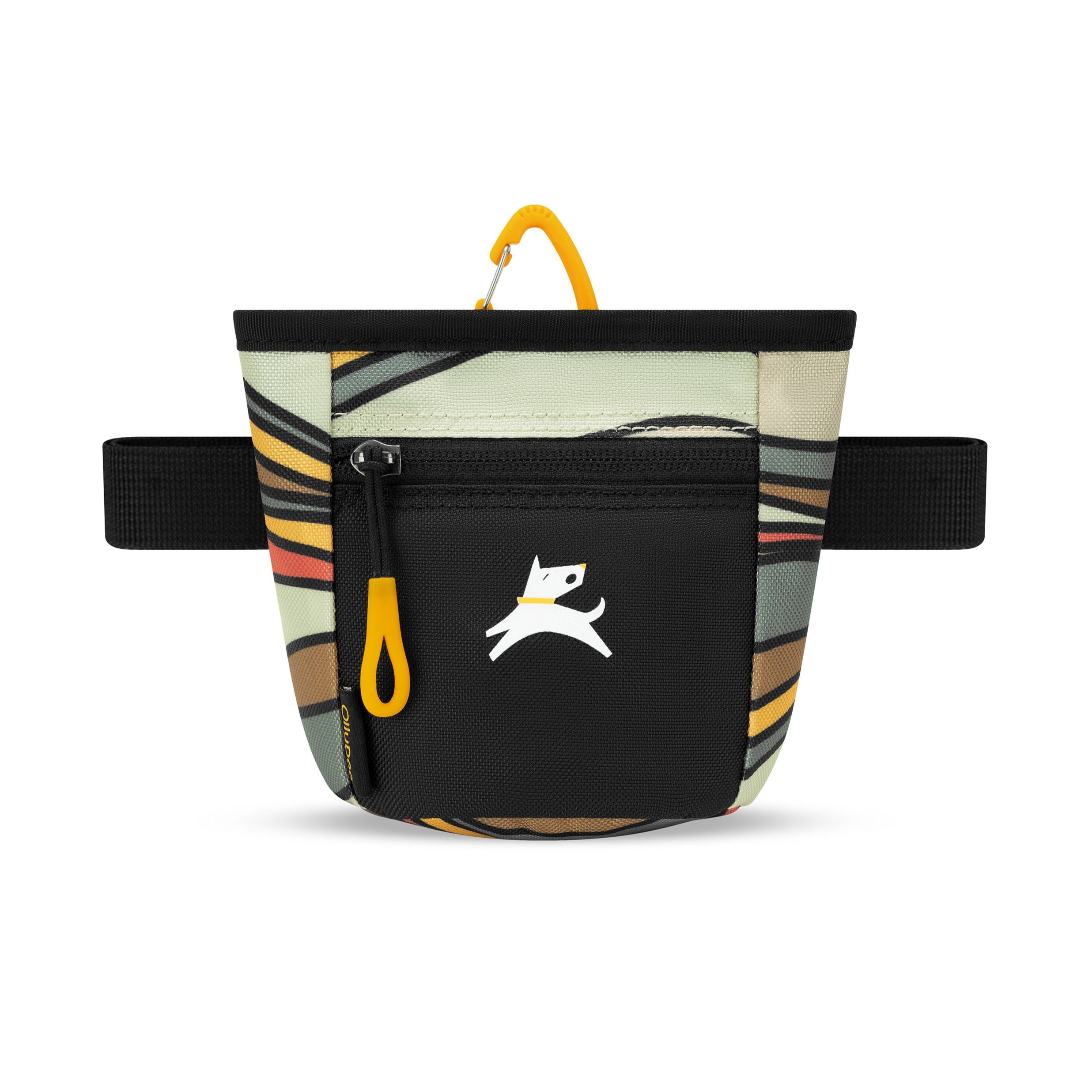 Flat front view of OllyDog’s Goodie Treat Bag in Ventura '73. The dog treat pouch includes a magnetic closure on the main compartment, a front zipper pocket, and an adjustable waist strap for hands-free dog training. #color_ventura '73