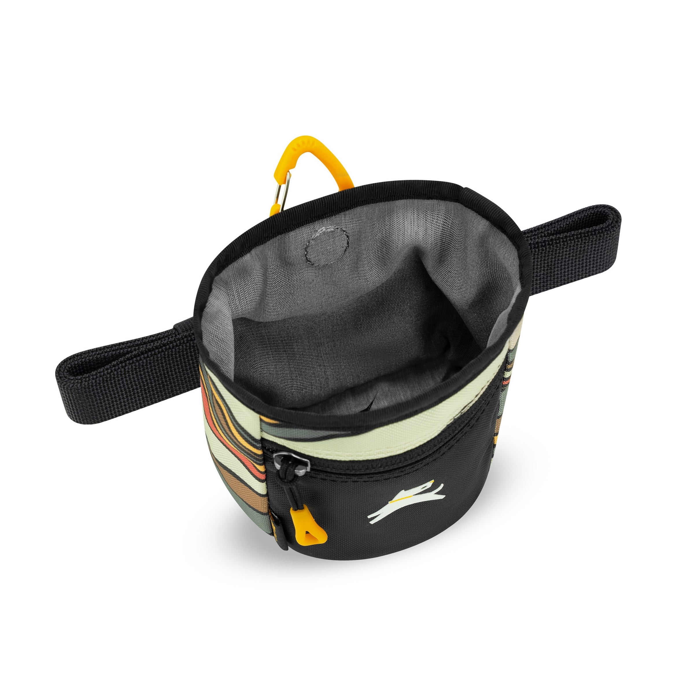 OllyDog Goodie Treat Bag with a colorful striped design, black accents, a yellow clip, a front zippered pocket, and black belt loops #color_ventura '73