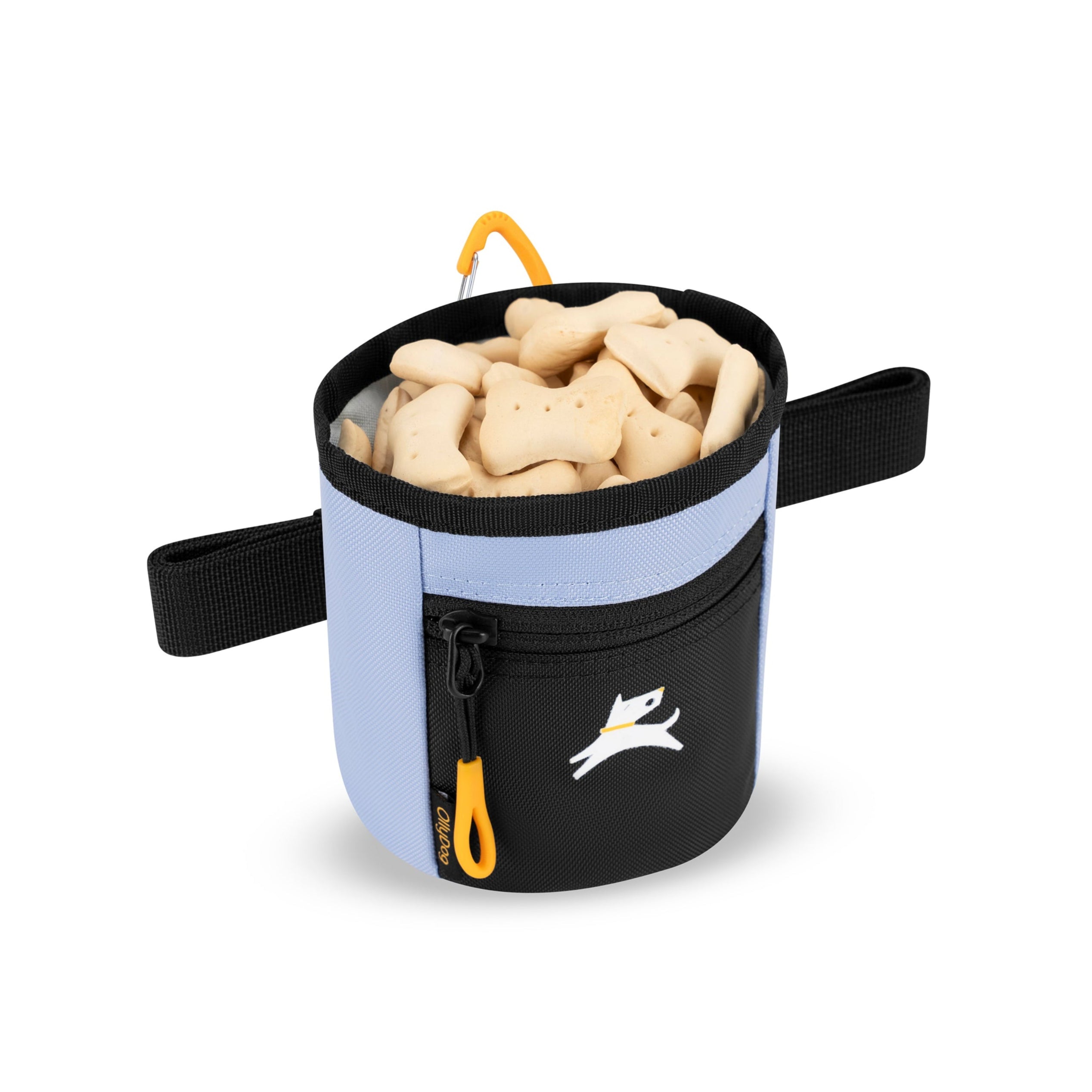 Light blue and black OllyDog Goodie Treat Bag filled to the brim with small, light-colored dog treats, highlighting its spacious interior and convenient design with a front zippered pocket and yellow clip #color_blue heron