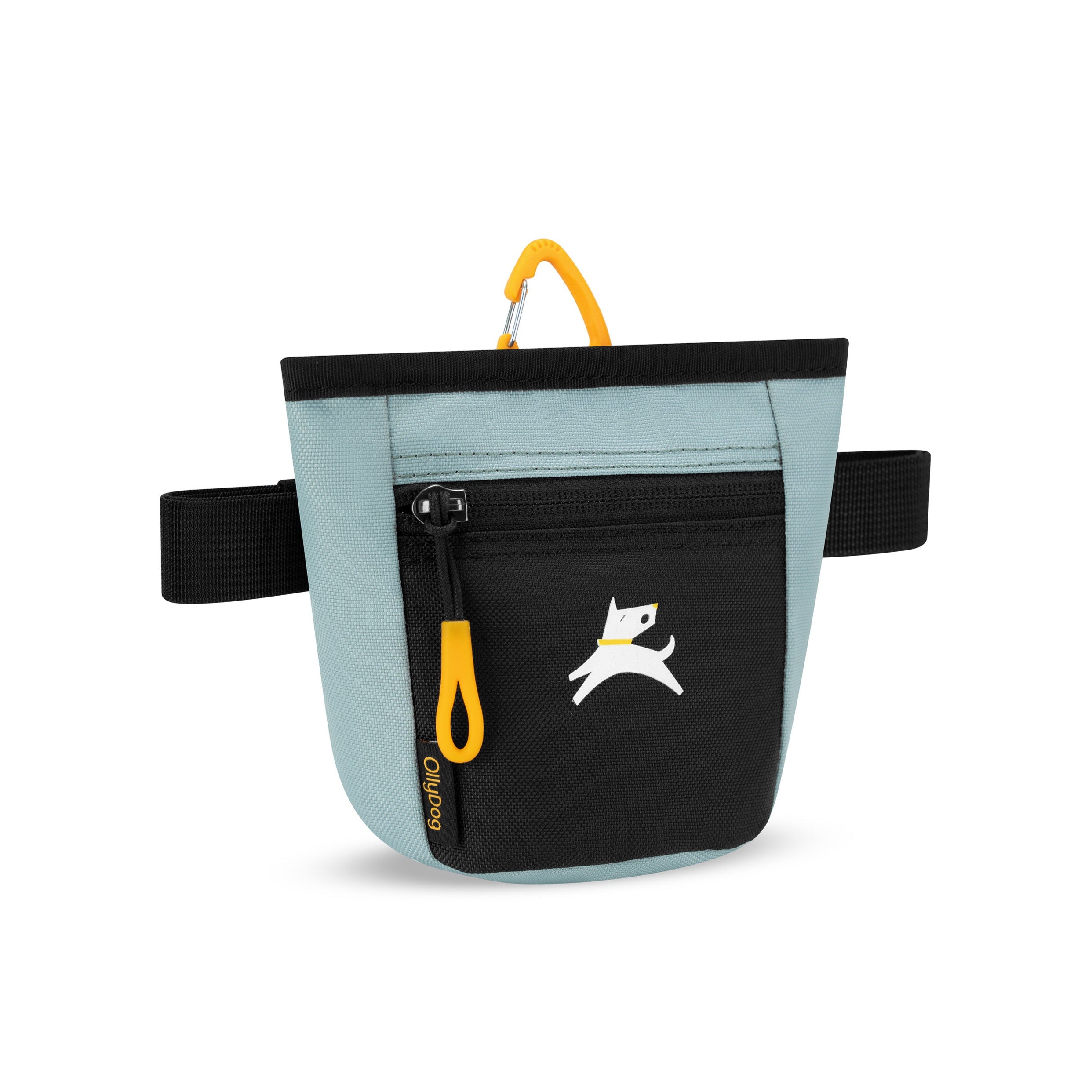 Angled front view of OllyDog’s Goodie Treat Bag in St. Lucia. The dog treat pouch includes a magnetic closure on the main compartment, a front zipper pocket, and an adjustable waist strap for hands-free dog training. #color_st. lucia
