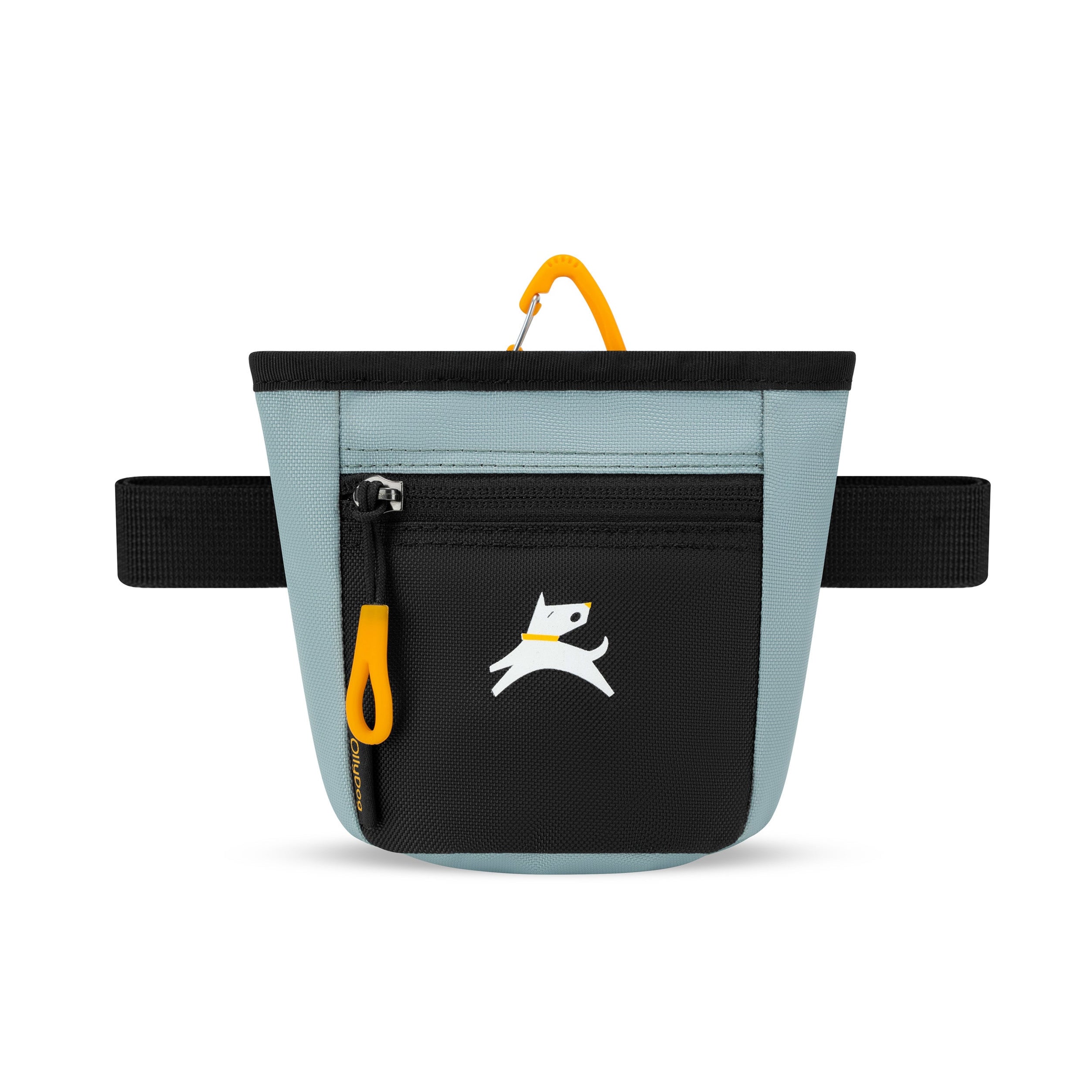 Flat front view of OllyDog’s Goodie Treat Bag in St. Lucia. The dog treat pouch includes a magnetic closure on the main compartment, a front zipper pocket, and an adjustable waist strap for hands-free dog training. #color_st. lucia