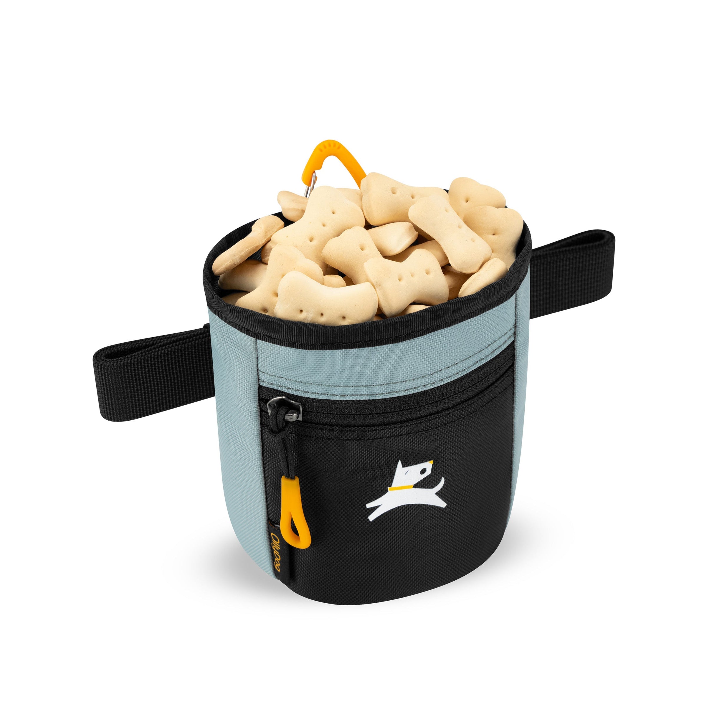An example image of the Goodie Treat Bag (St. Lucia color) full of dog treats. This dog training tool allows quick access to dog treats so you can reward your dog's good behavior. #color_st. lucia