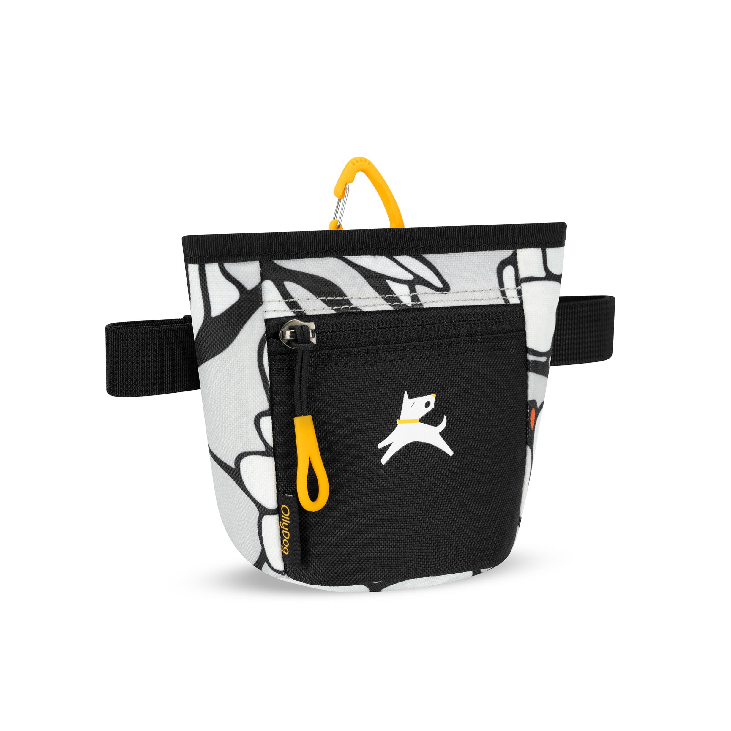 Angled front view of OllyDog’s Goodie Treat Bag in Magnolia. The dog treat pouch includes a magnetic closure on the main compartment, a front zipper pocket, and an adjustable waist strap for hands-free dog training. #color_magnolia