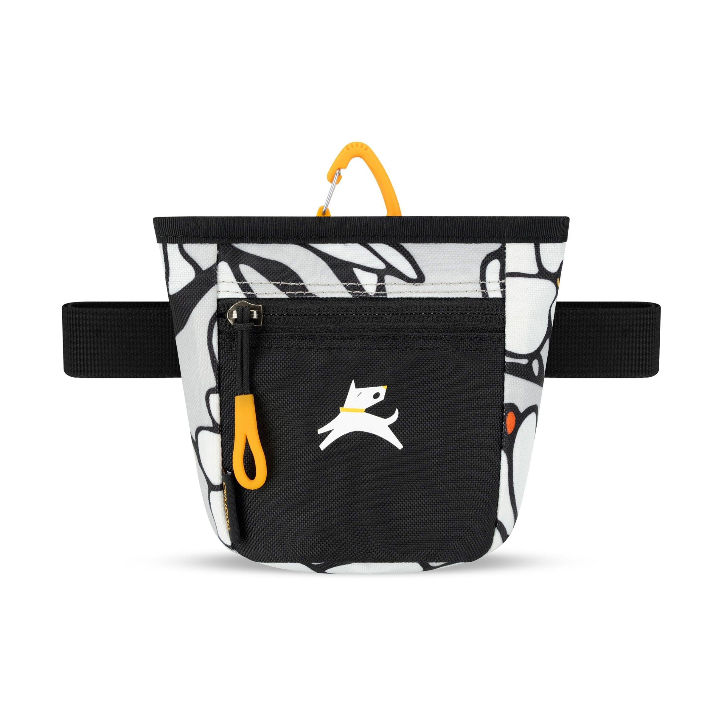 Flat front view of OllyDog’s Goodie Treat Bag in Magnolia. The dog treat pouch includes a magnetic closure on the main compartment, a front zipper pocket, and an adjustable waist strap for hands-free dog training. #color_magnolia