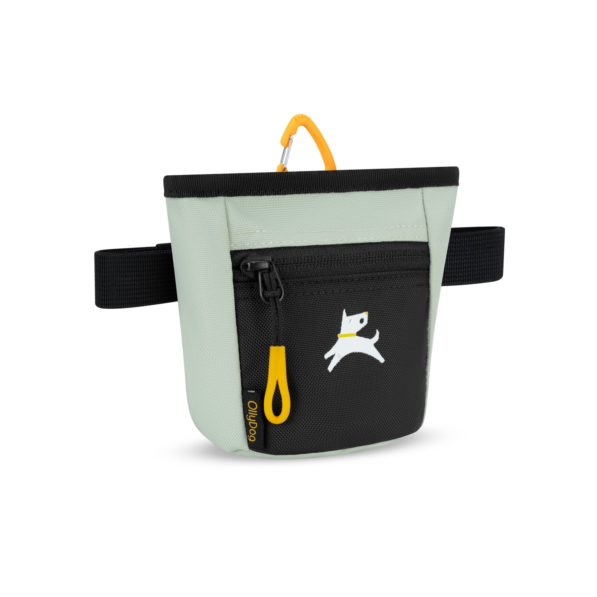 Light green OllyDog Goodie Treat Bag with a black front pocket, yellow clip, and black belt loops #color_celadon