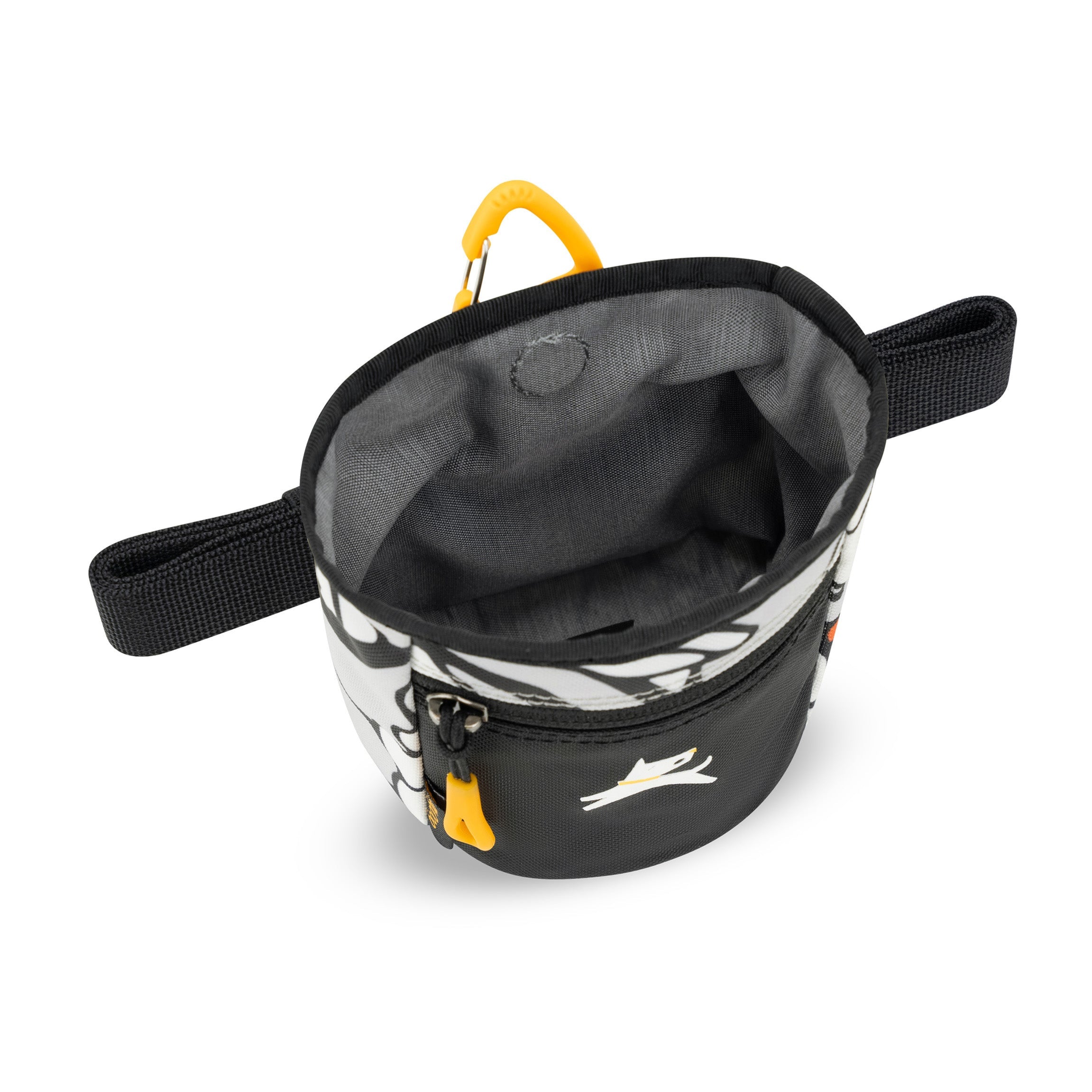 Close-up view of an open OllyDog Goodie Treat Pouch in Magnolia color, showing spacious interior and zipper pocket with yellow pull tab #color_magnolia