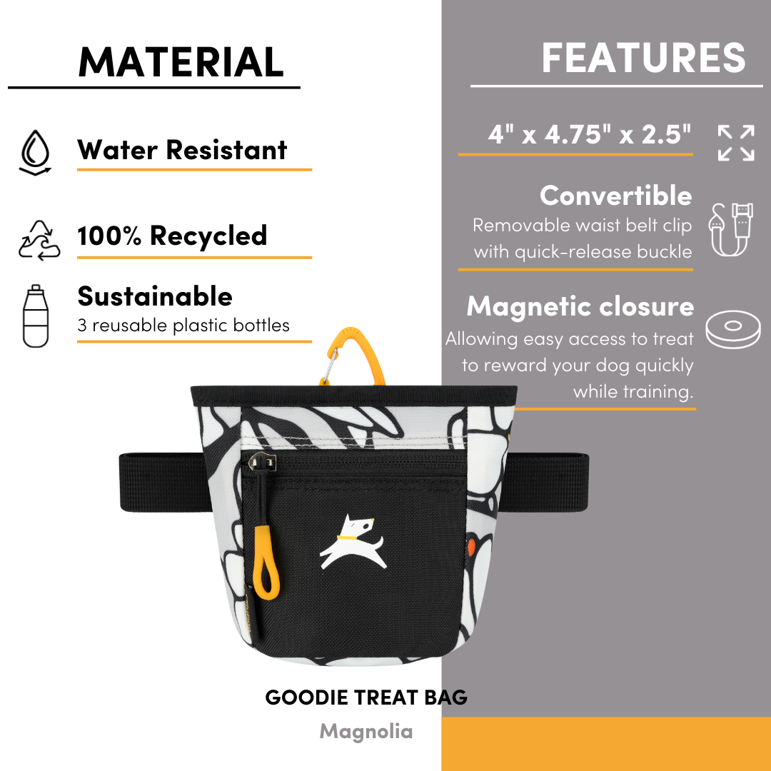 Infographic of OllyDog Goodie Treat Bag in Magnolia color showing material and features, including water resistance, 100% recycled material, and magnetic closure for easy treat access #color_magnolia