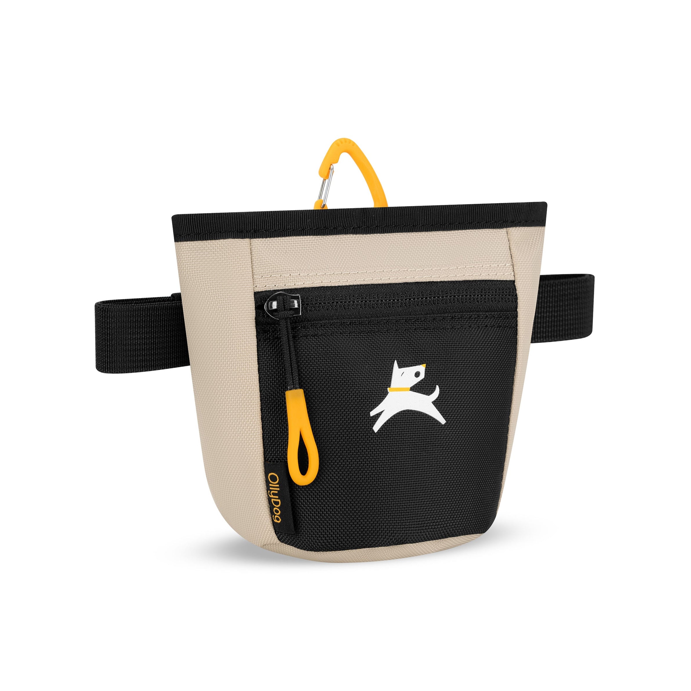Angled front view of OllyDog’s Goodie Treat Bag in Con Leche. The dog treat pouch includes a magnetic closure on the main compartment, a front zipper pocket, and an adjustable waist strap for hands-free dog training. #color_con leche