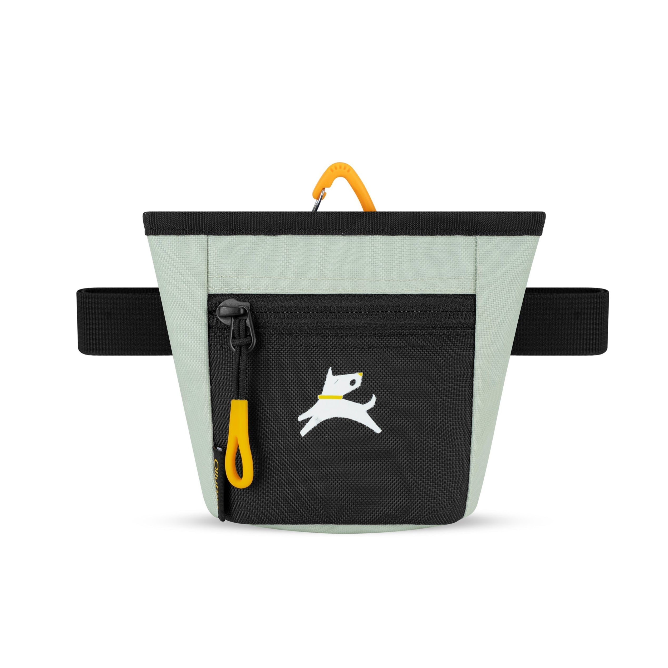 Light green OllyDog Goodie Treat Bag with a black front pocket, yellow clip, and black belt loops #color_celadon
