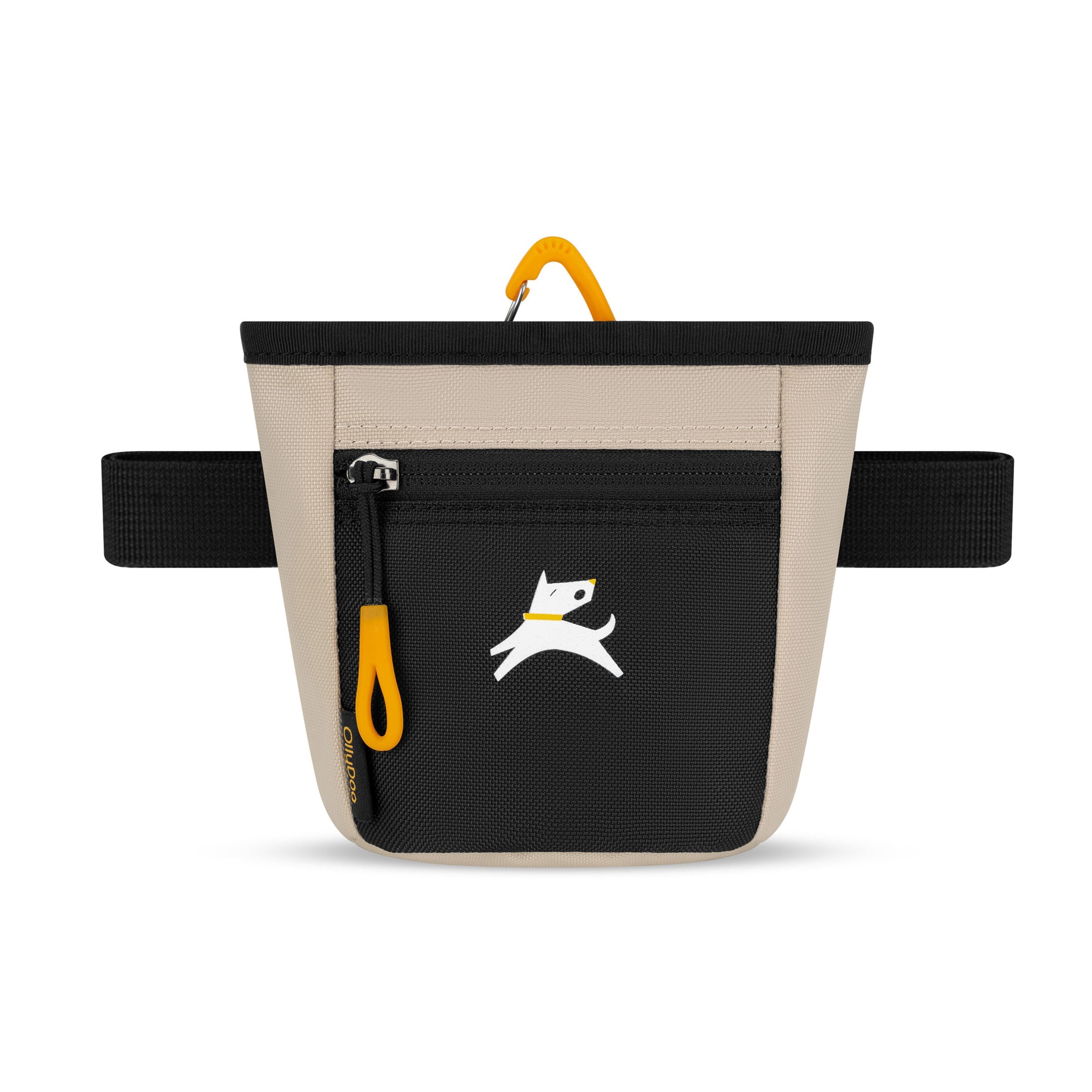 Flat front view of OllyDog’s Goodie Treat Bag in Con Leche. The dog treat pouch includes a magnetic closure on the main compartment, a front zipper pocket, and an adjustable waist strap for hands-free dog training. #color_con leche