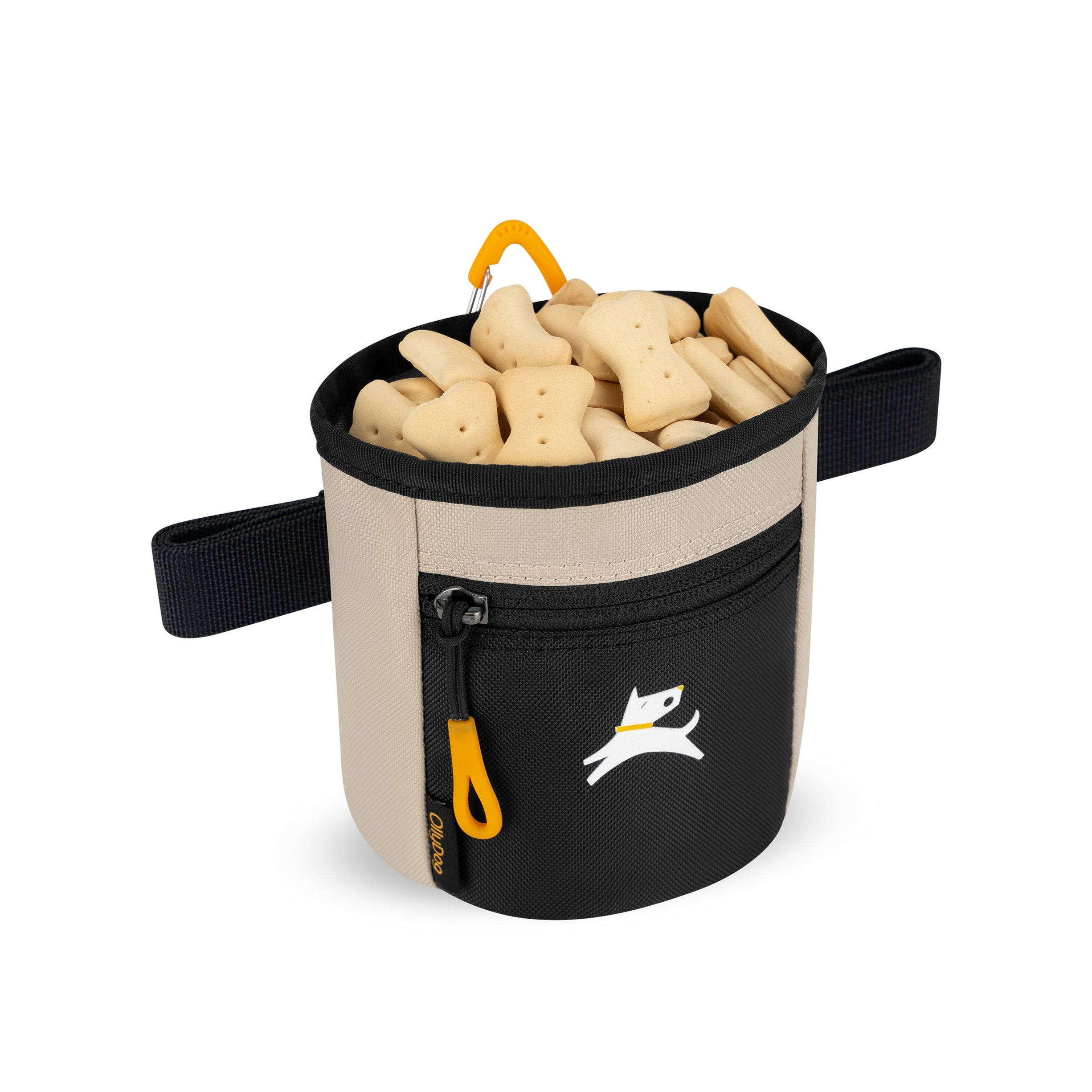 An example image of the Goodie Treat Bag (Con Leche color) full of dog treats. This dog training tool allows quick access to dog treats so you can reward your dog's good behavior. #color_con leche