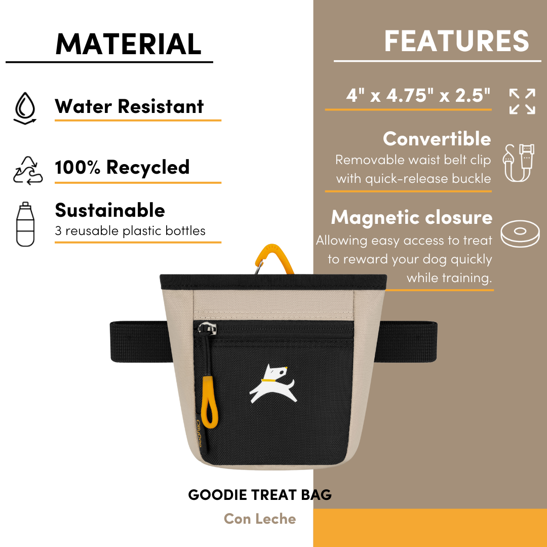 OllyDog Goodie Treat Bag in Con Leche color, shown with labeled material and feature highlights. Includes dimensions, water-resistant and recycled materials, removable waist clip, and magnetic closure for easy access #color_con leche