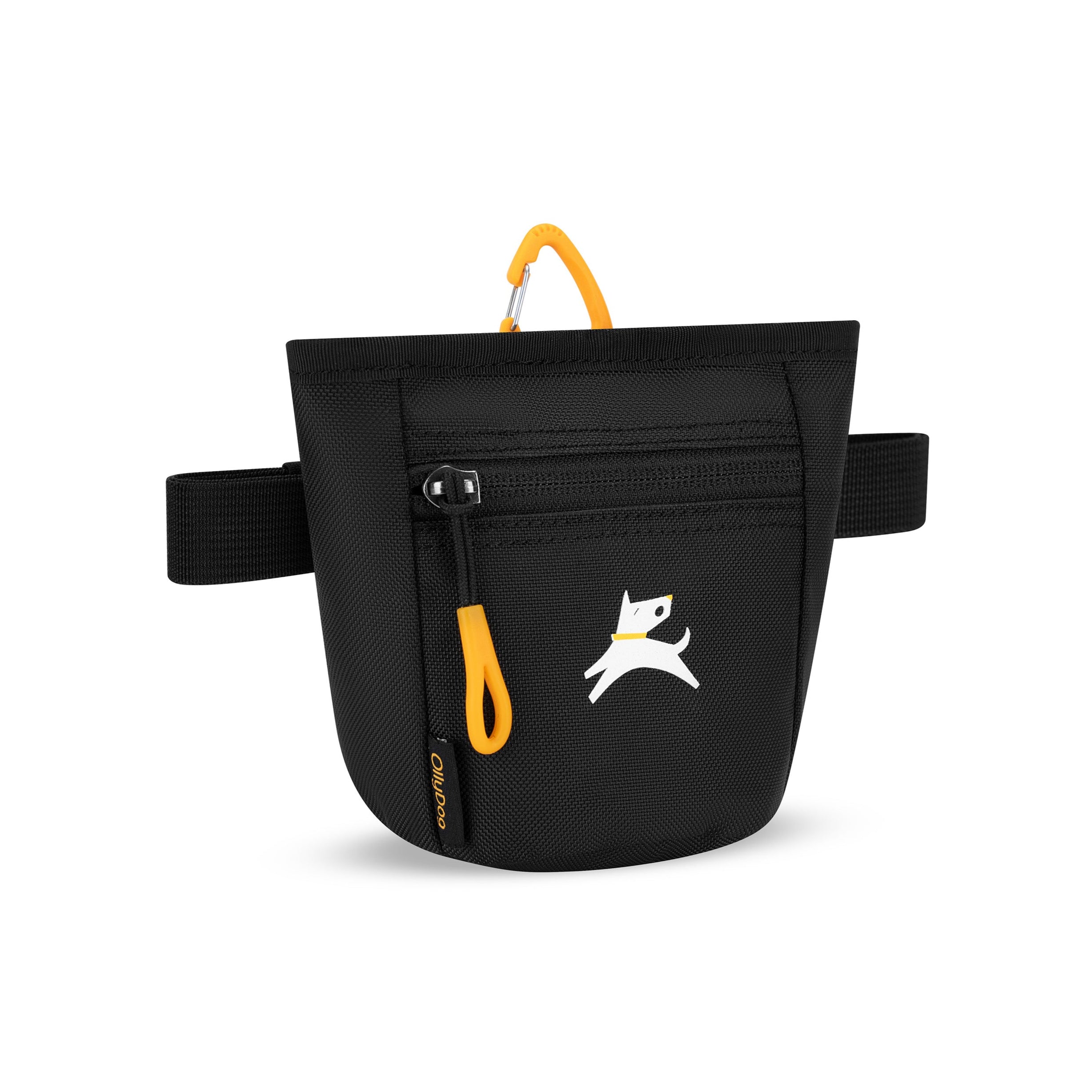 Angled front view of OllyDog’s Goodie Treat Bag in Raven S'25. The dog treat pouch includes a magnetic closure on the main compartment, a front zipper pocket, and an adjustable waist strap for hands-free dog training. #color_raven s'25