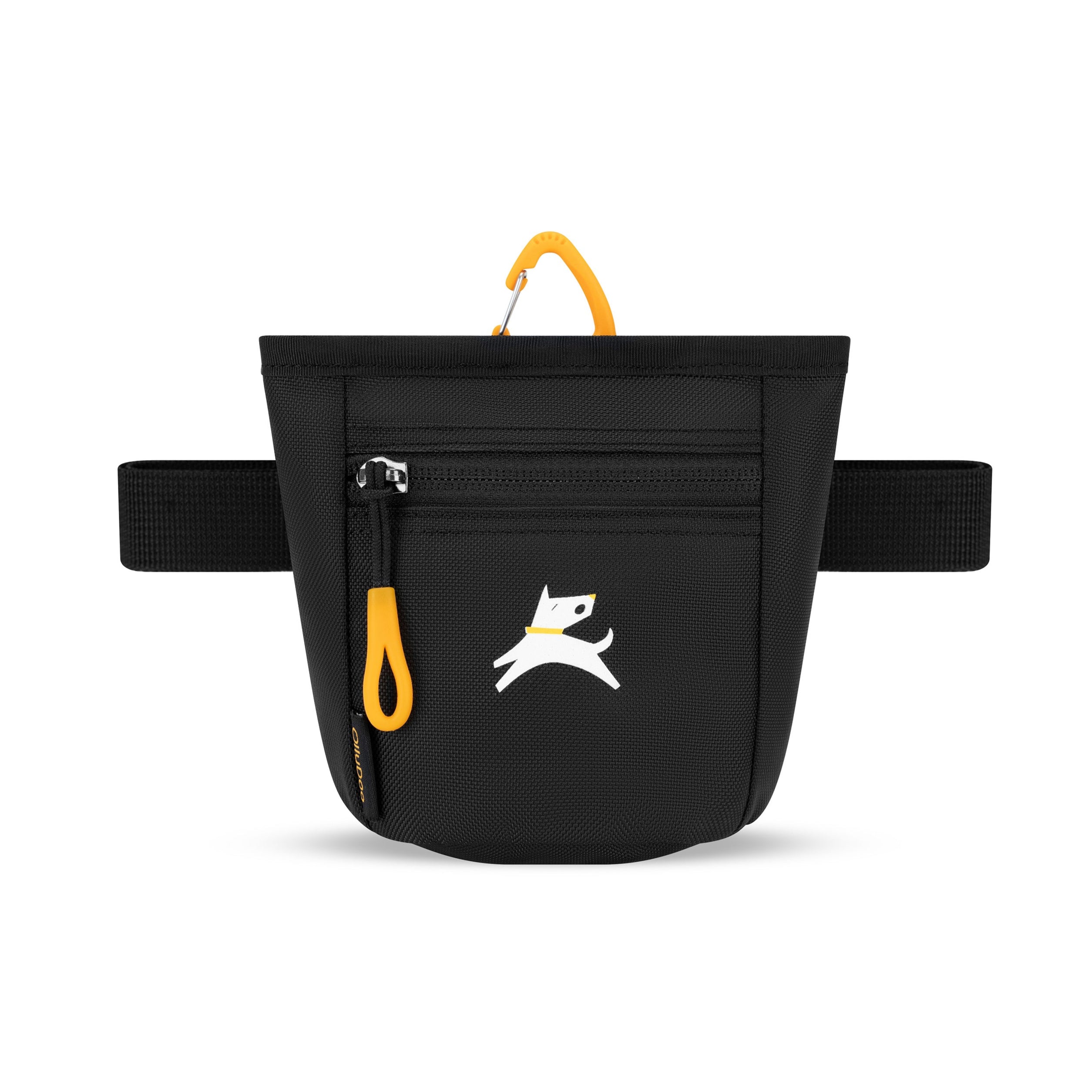 Flat front view of OllyDog’s Goodie Treat Bag in Raven S'25. The dog treat pouch includes a magnetic closure on the main compartment, a front zipper pocket, and an adjustable waist strap for hands-free dog training. #color_raven s'25