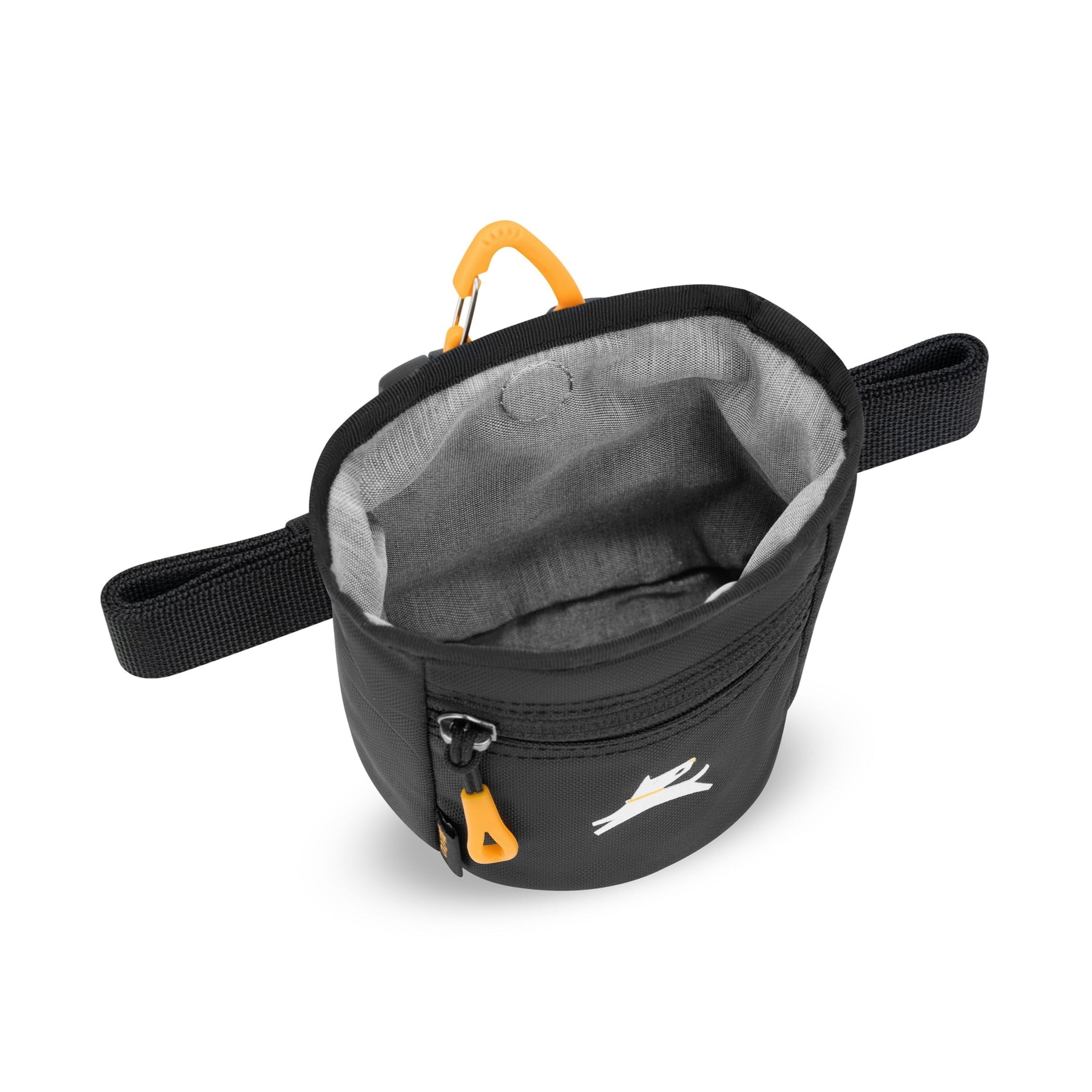 Top-down view of an empty OllyDog Goodie Treat Pouch in Raven color. Features include a wide opening, gray interior lining, side loops, and a front zipper pocket with a yellow pull tab and logo #color_raven s'25