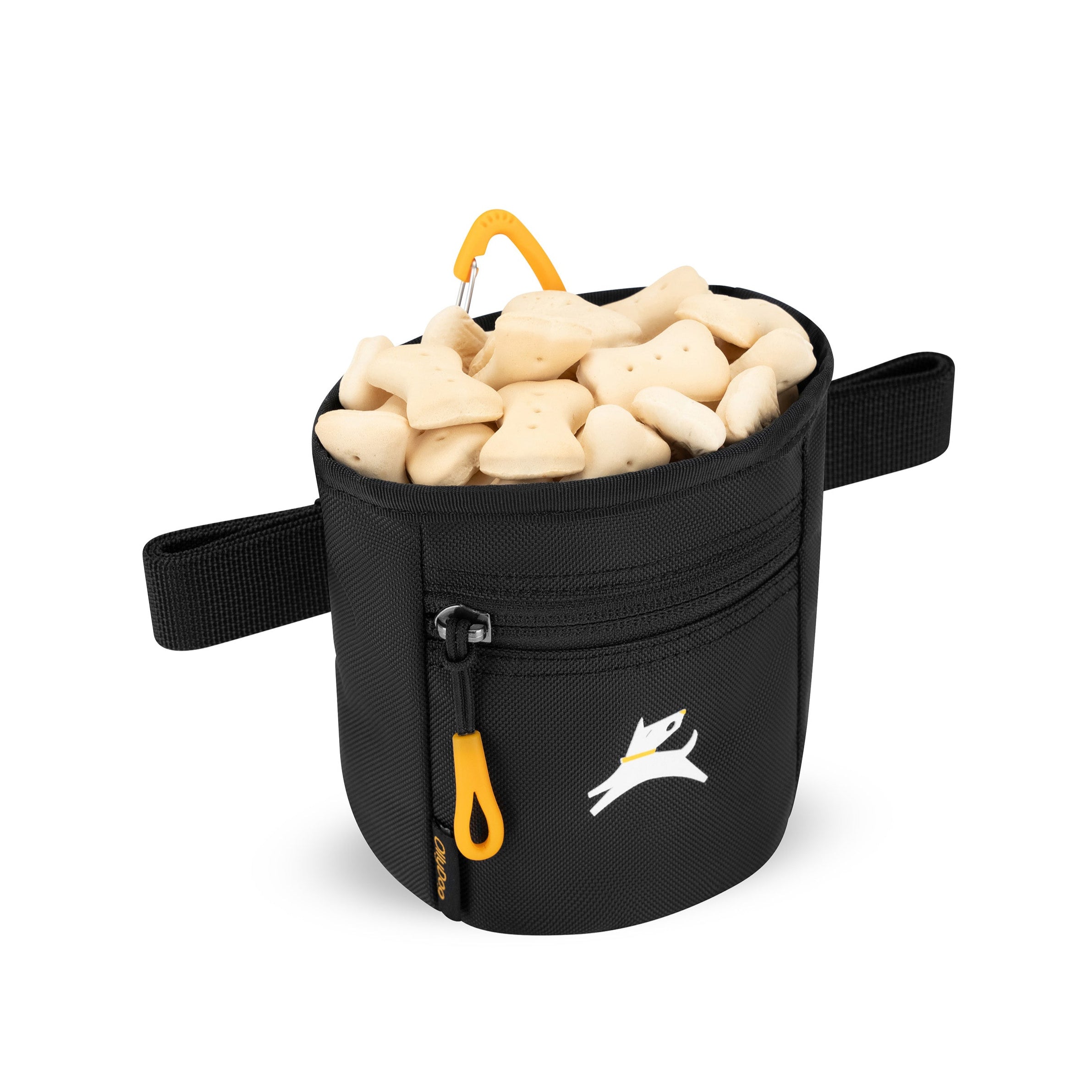 An example image of the Goodie Treat Bag (Raven S'25 color) full of dog treats. This dog training tool allows quick access to dog treats so you can reward your dog's good behavior. #color_raven s'25