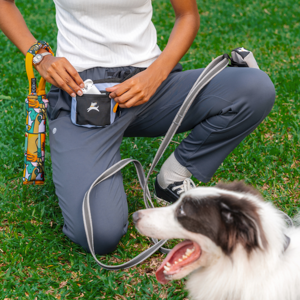 Person using Scoop Pick Up Bag attached to waist, kneeling on grass with dog and leash visible – perfect hands-free waste bag holder for dog walks #color_blue heron