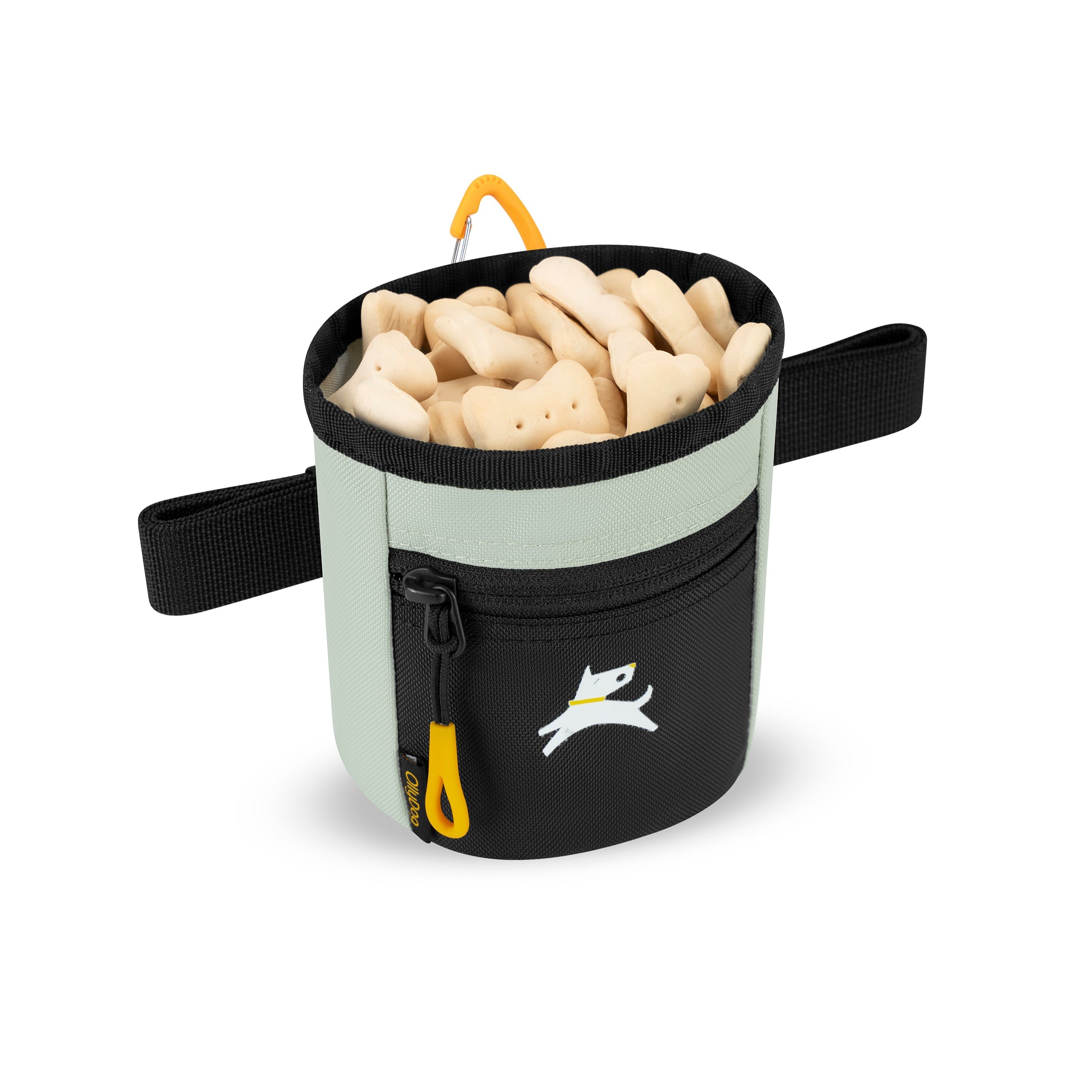 Light green and black OllyDog Goodie Treat Bag filled to the brim with small, light-colored dog treats, highlighting its spacious interior and convenient design with a front zippered pocket and yellow clip #color_celadon