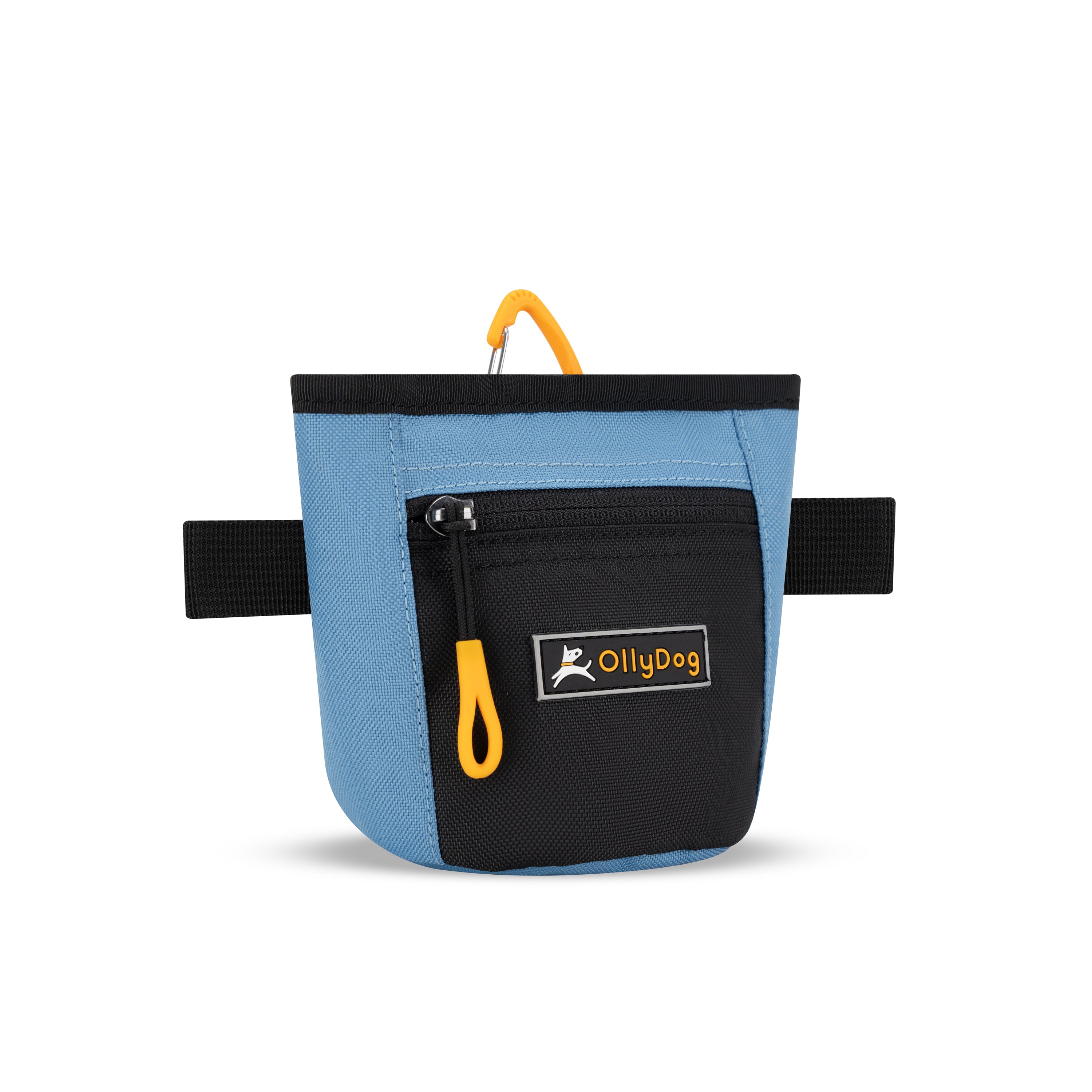 Angled front view of OllyDog’s Goodie Treat Bag in Pacific Coast. The dog treat pouch includes a magnetic closure on the main compartment, a front zipper pocket, and an adjustable waist strap for hands-free dog training. #color_pacific coast