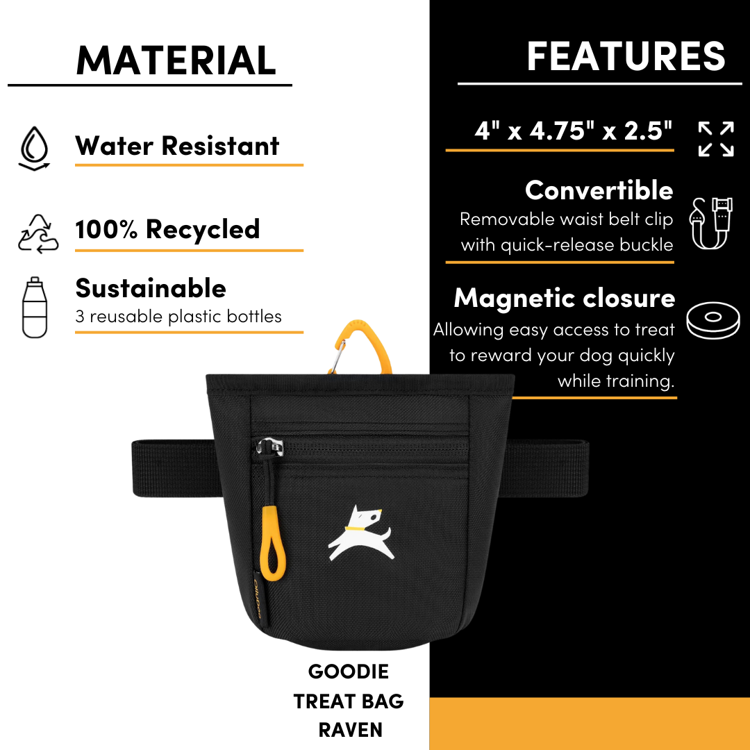 An image with text that points out the following features of the Goodie Treat Bag: water-resistant material, 100% recycled material, sustainably-made with three repurposed plastic bottles, dimensions of 4” x 4.75” x 2.5”, convertible design includes waist belt clip with a quick-release buckle, magnetic closure allowing easy access to treats to reward your dog quickly while training. #color_raven s'25
