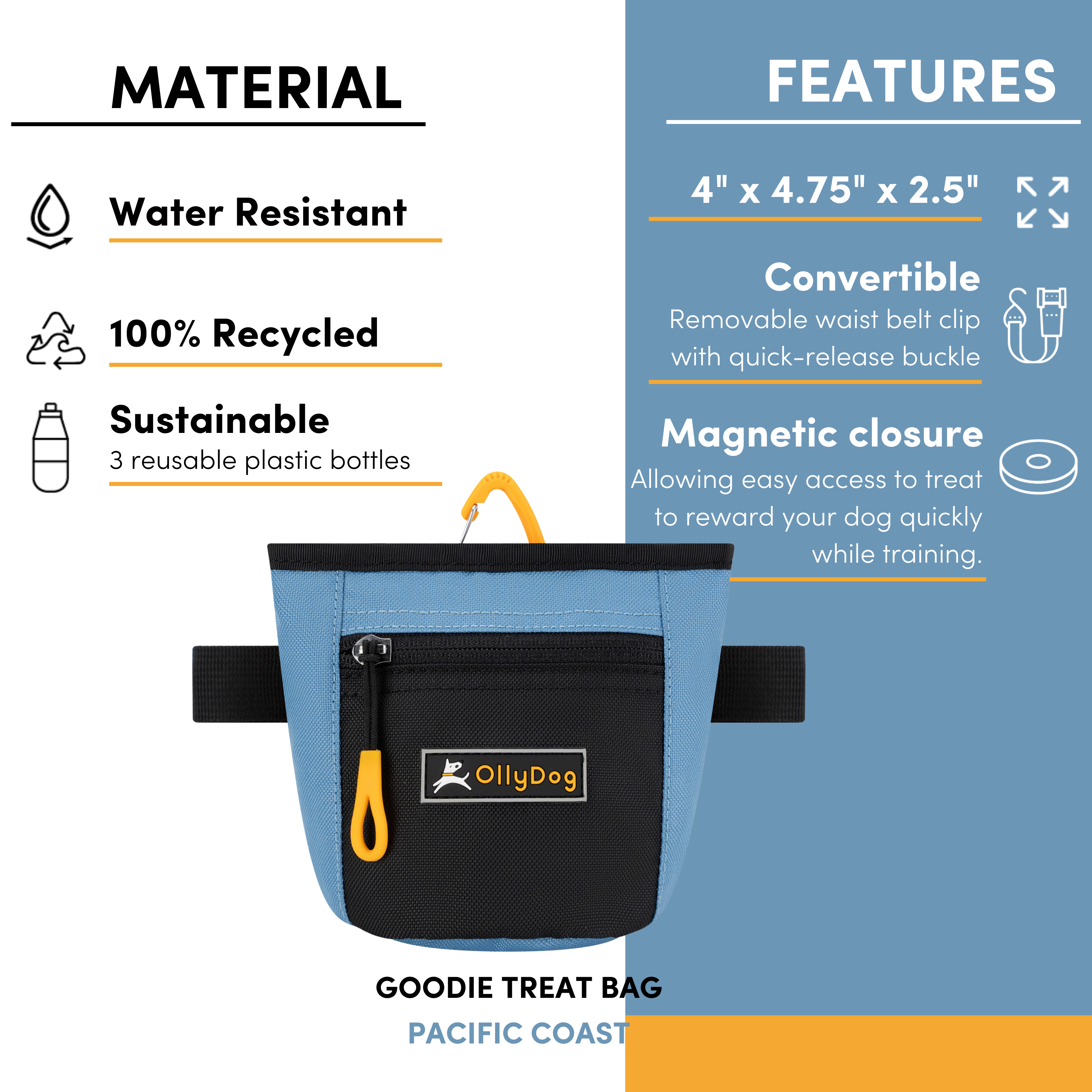 An image with text that points out the following features of the Goodie Treat Bag: water-resistant material, 100% recycled material, sustainably-made with three repurposed plastic bottles, dimensions of 4” x 4.75” x 2.5”, convertible design includes waist belt clip with a quick-release buckle, magnetic closure allowing easy access to treats to reward your dog quickly while training. #color_pacific coast