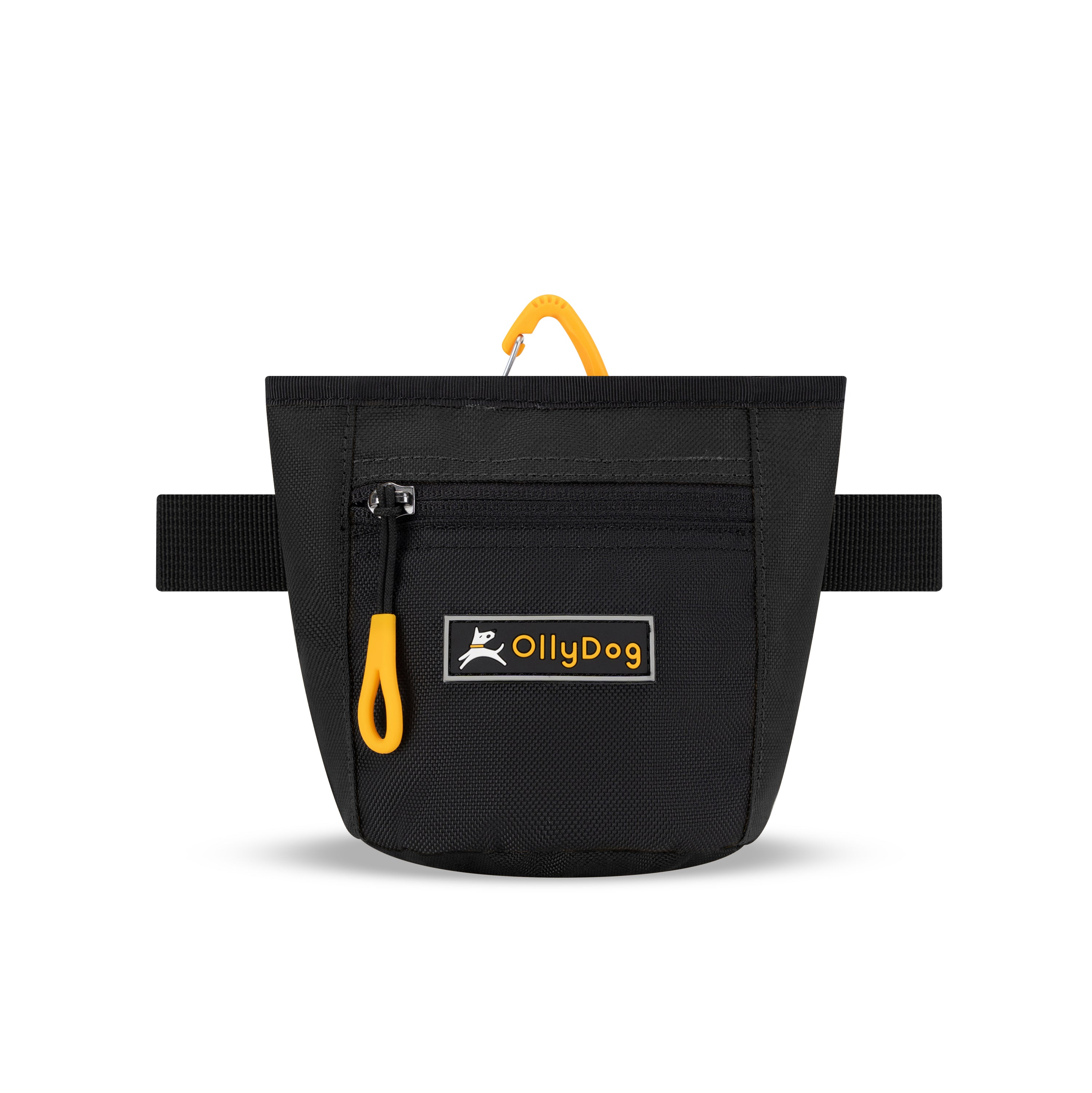 Flat front view of OllyDog’s Goodie Treat Bag in Raven. The dog treat pouch includes a magnetic closure on the main compartment, a front zipper pocket, and an adjustable waist strap for hands-free dog training. #color_raven