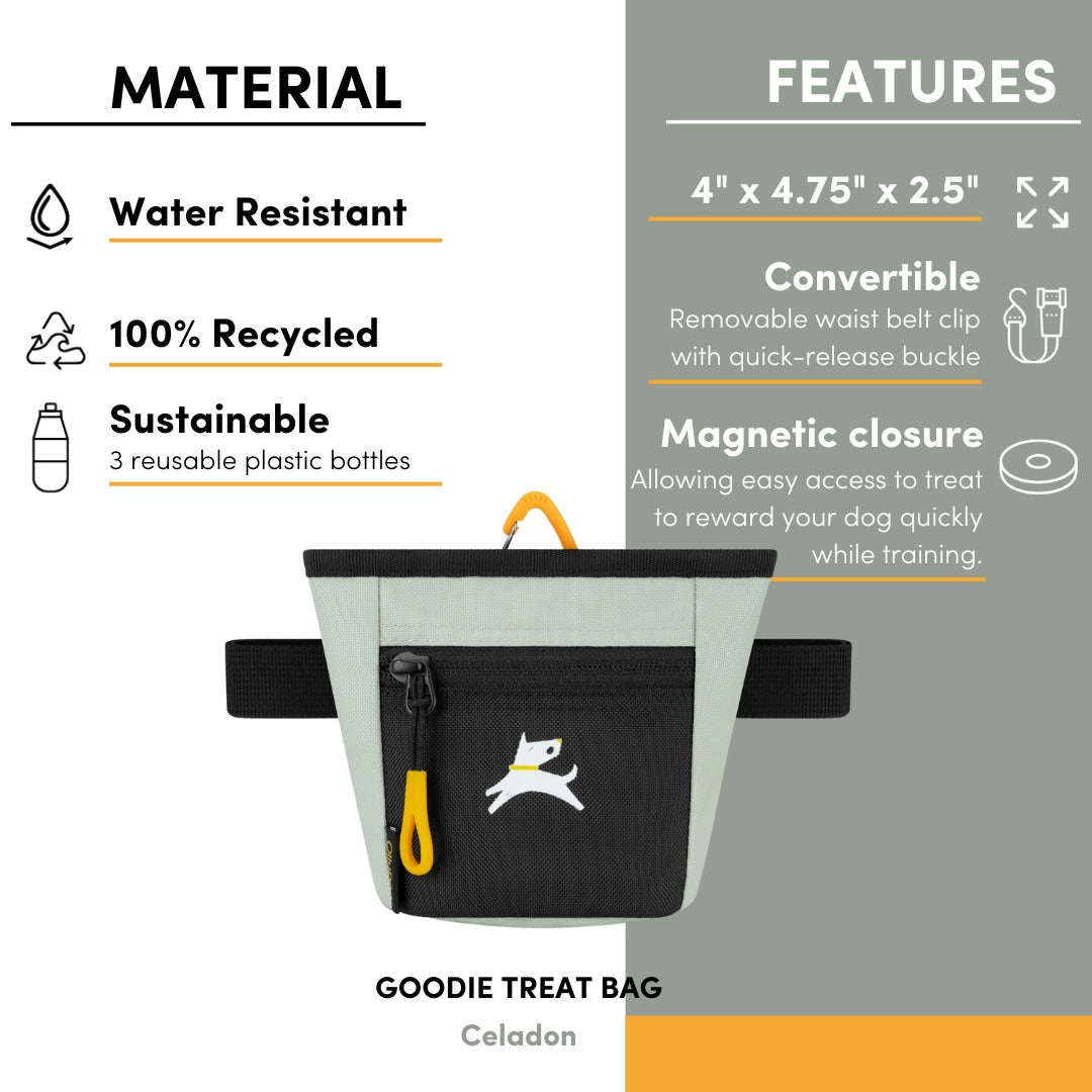Image showcasing the features of the light green OllyDog Goodie Treat Bag, including its water-resistant and recycled material, dimensions (4" x 4.75" x 2.5"), convertible design with a removable waist belt clip, and magnetic closure for easy access #color_celadon