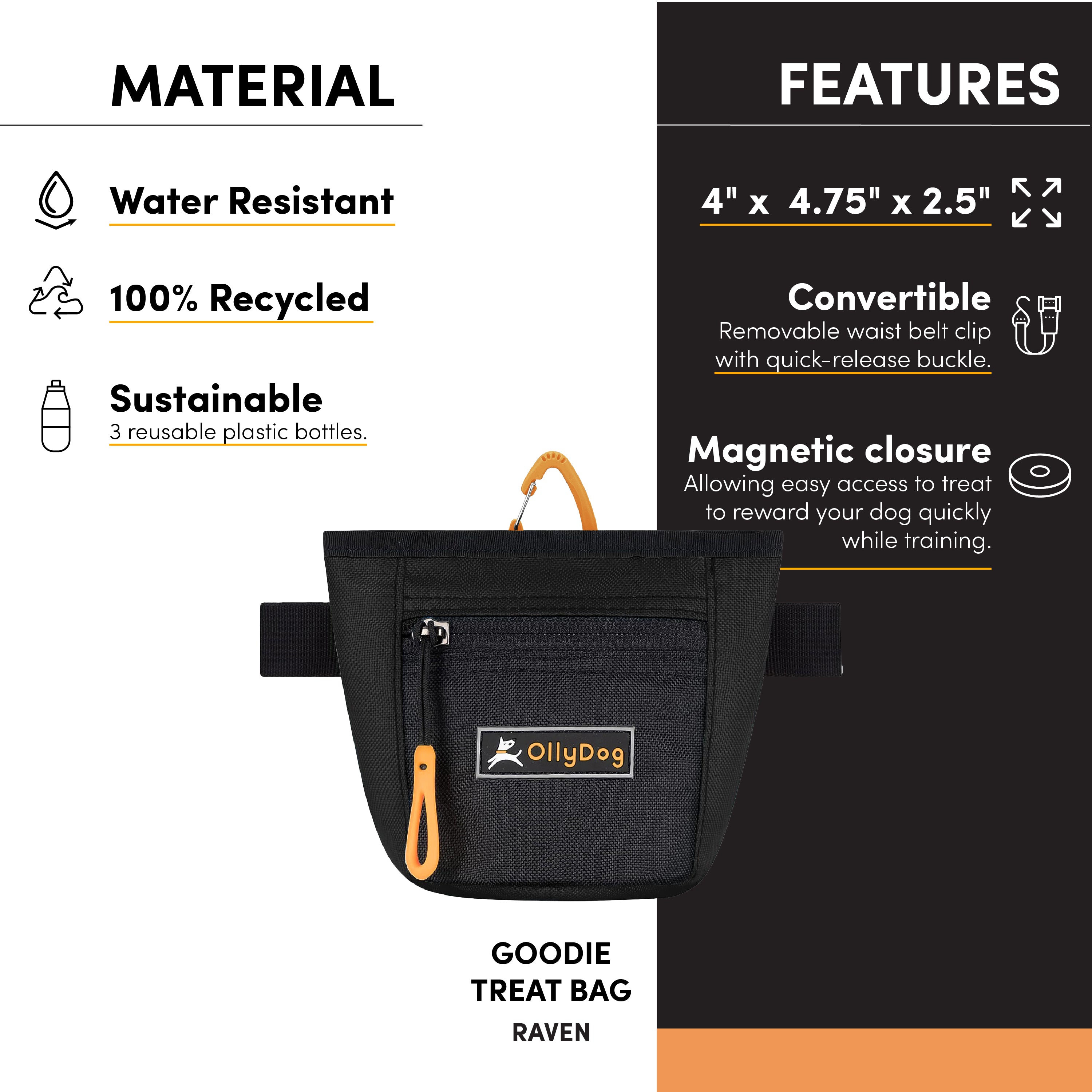 An image with text that points out the following features of the Goodie Treat Bag: water-resistant material, 100% recycled material, sustainably-made with three repurposed plastic bottles, dimensions of 4” x 4.75” x 2.5”, convertible design includes waist belt clip with a quick-release buckle, magnetic closure allowing easy access to treats to reward your dog quickly while training. #color_raven