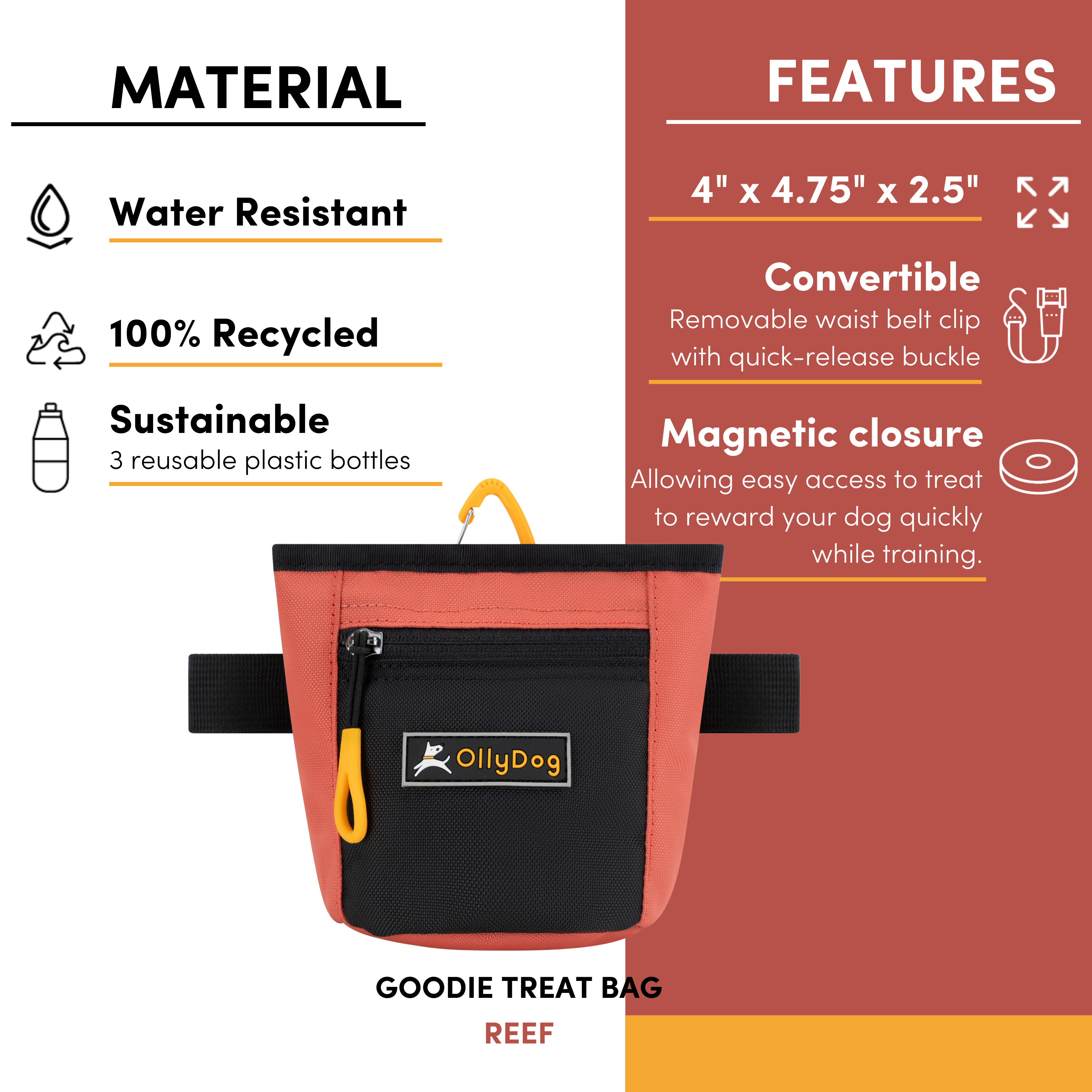 An image with text that points out the following features of the Goodie Treat Bag: water-resistant material, 100% recycled material, sustainably-made with three repurposed plastic bottles, dimensions of 4” x 4.75” x 2.5”, convertible design includes waist belt clip with a quick-release buckle, magnetic closure allowing easy access to treats to reward your dog quickly while training. #color_reef