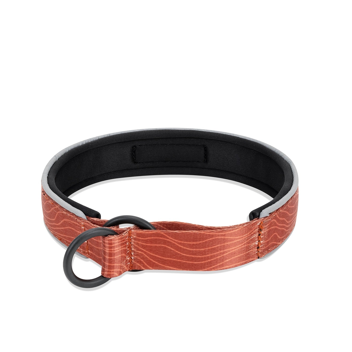 OllyDog Martingale Reflective Comfort Collar in clay woodgrain color, shown flat on white background highlighting padded neoprene lining, sturdy polyester webbing, and metal O-ring attachment #color_clay woodgrain