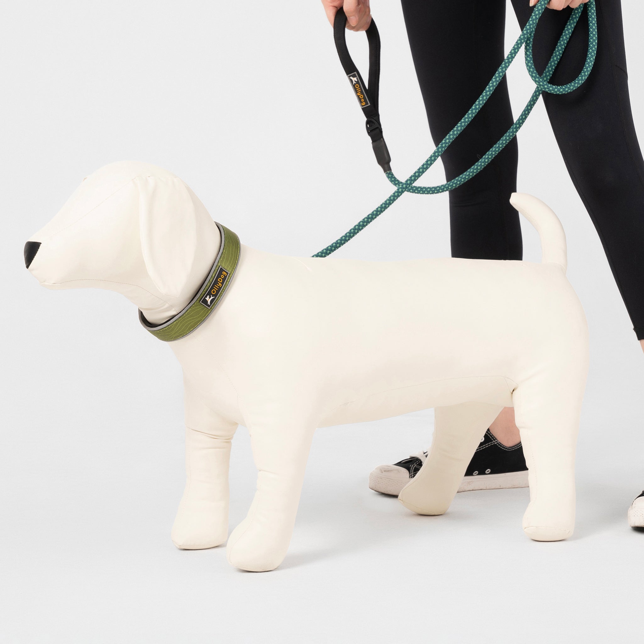 Dog mannequin wearing the OllyDog Martingale Reflective Comfort Collar in cactus woodgrain color, shown with a matching green leash held by a person in black leggings and sneakers, displayed on a white studio background #color_cactus woodgrain
