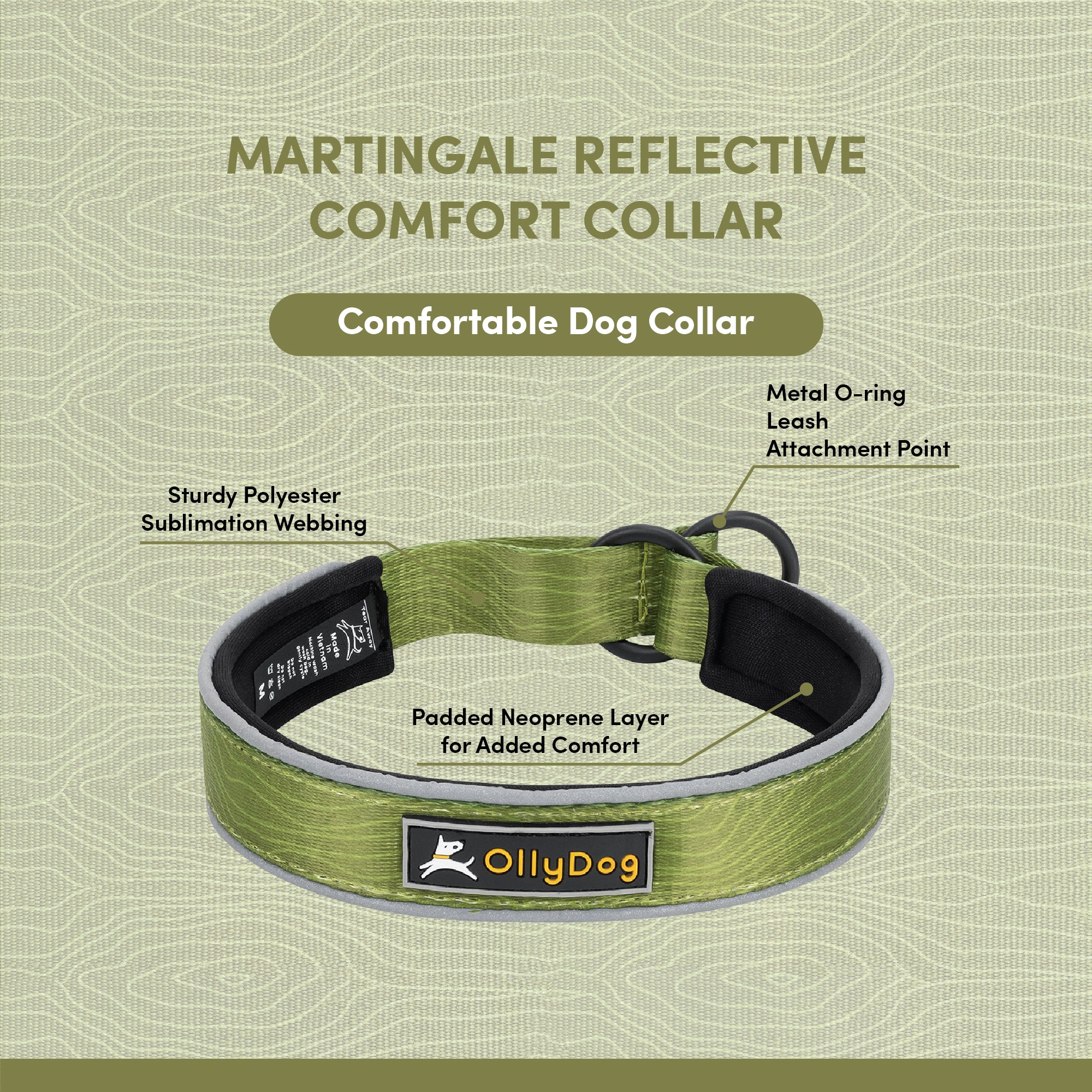 OllyDog Martingale reflective dog collar in cactus green woodgrain, adjustable padded collar with neoprene comfort layer, sturdy sublimation polyester webbing, metal O-ring leash attachment, no-buckle training slip collar, durable design for small medium large dog breeds #color_cactus woodgrain