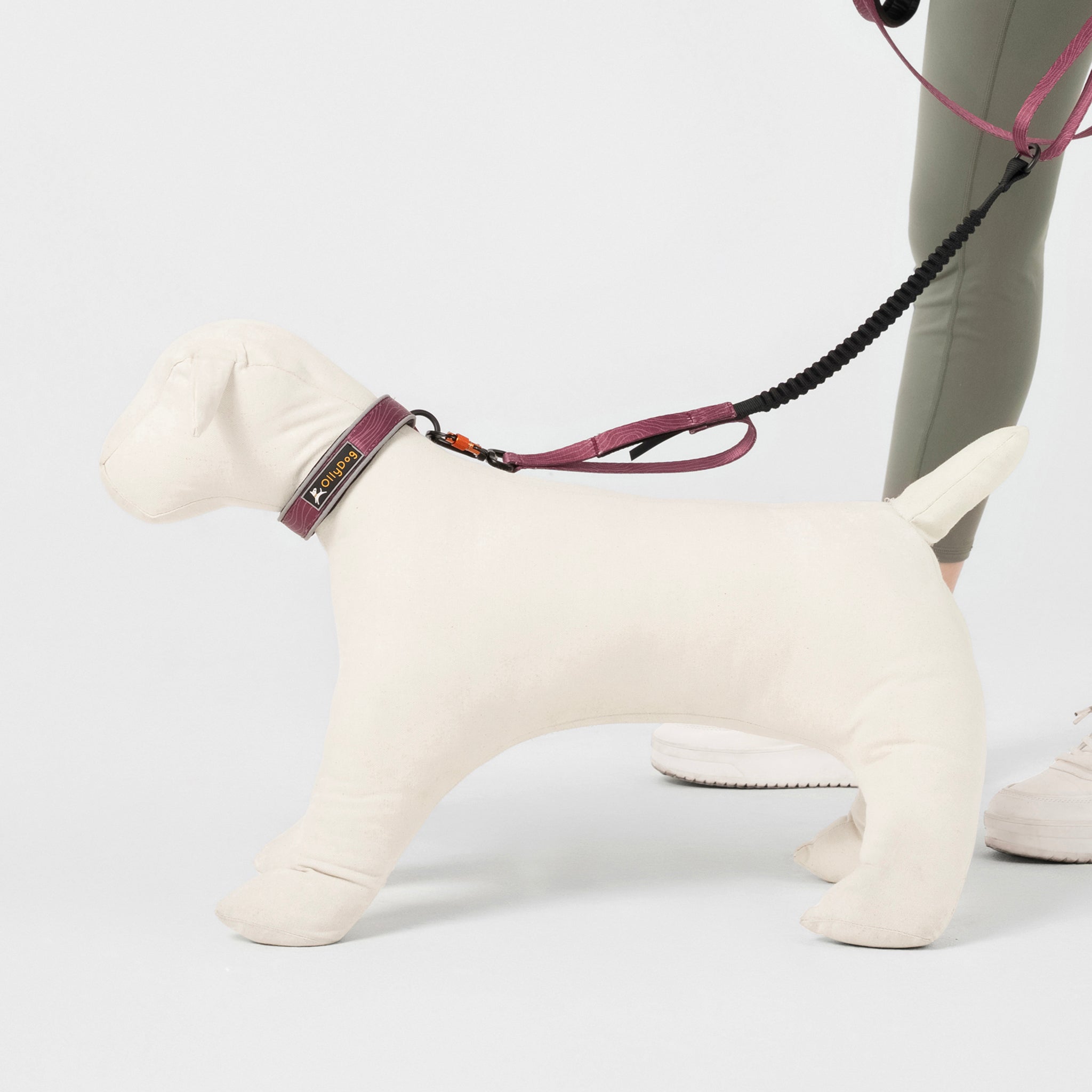Dog mannequin wearing OllyDog Martingale reflective padded collar in rosewood color with matching leash, adjustable training slip collar with neoprene padding and metal O-ring, durable polyester webbing for no-pull control, ideal for small medium large dog breeds #color_rosewood woodgrain