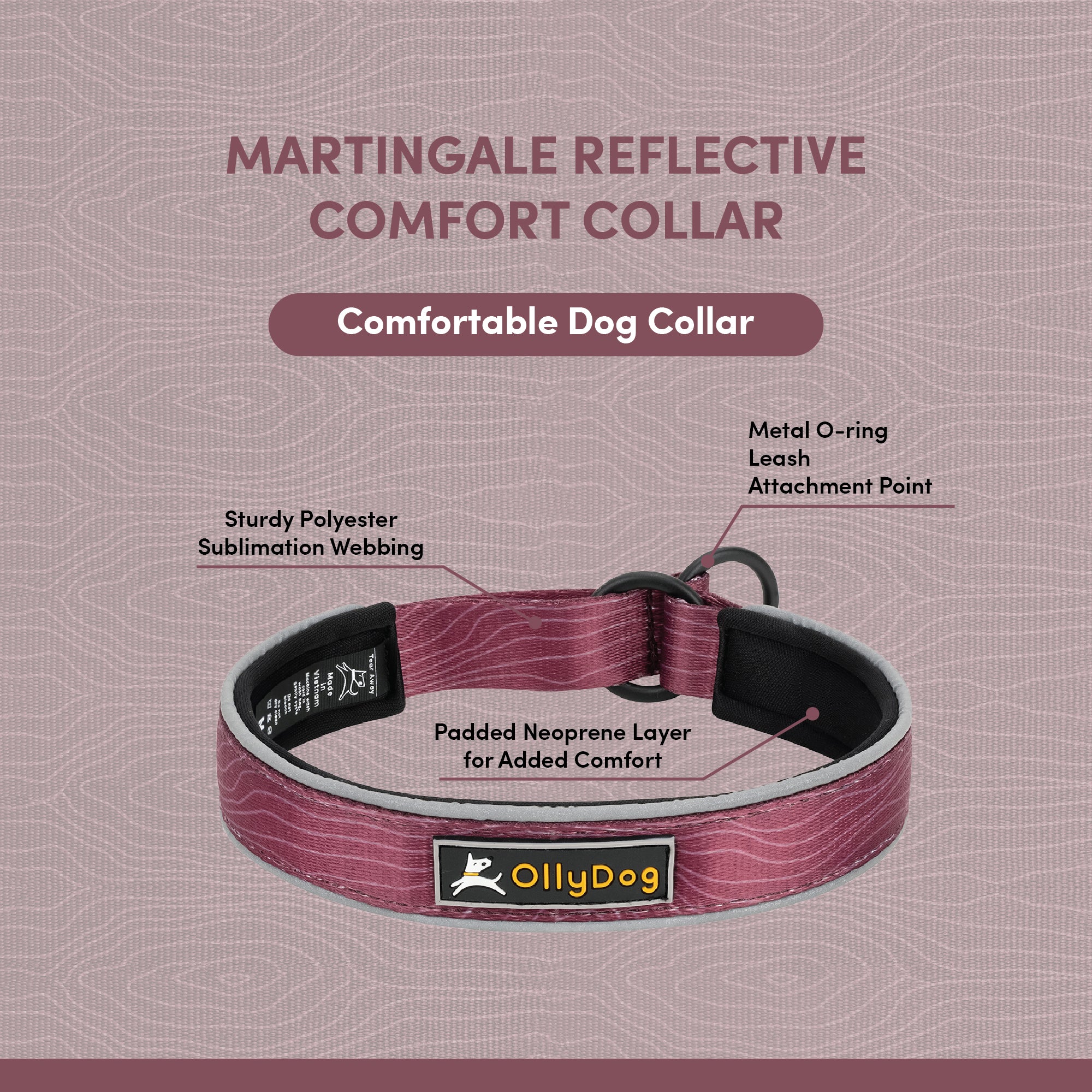 OllyDog Martingale reflective comfort dog collar in rosewood woodgrain, padded no-pull slip collar with neoprene lining, sturdy polyester sublimation webbing, metal O-ring for leash attachment, adjustable anti-choke design for training, walking, and safety #color_rosewood woodgrain