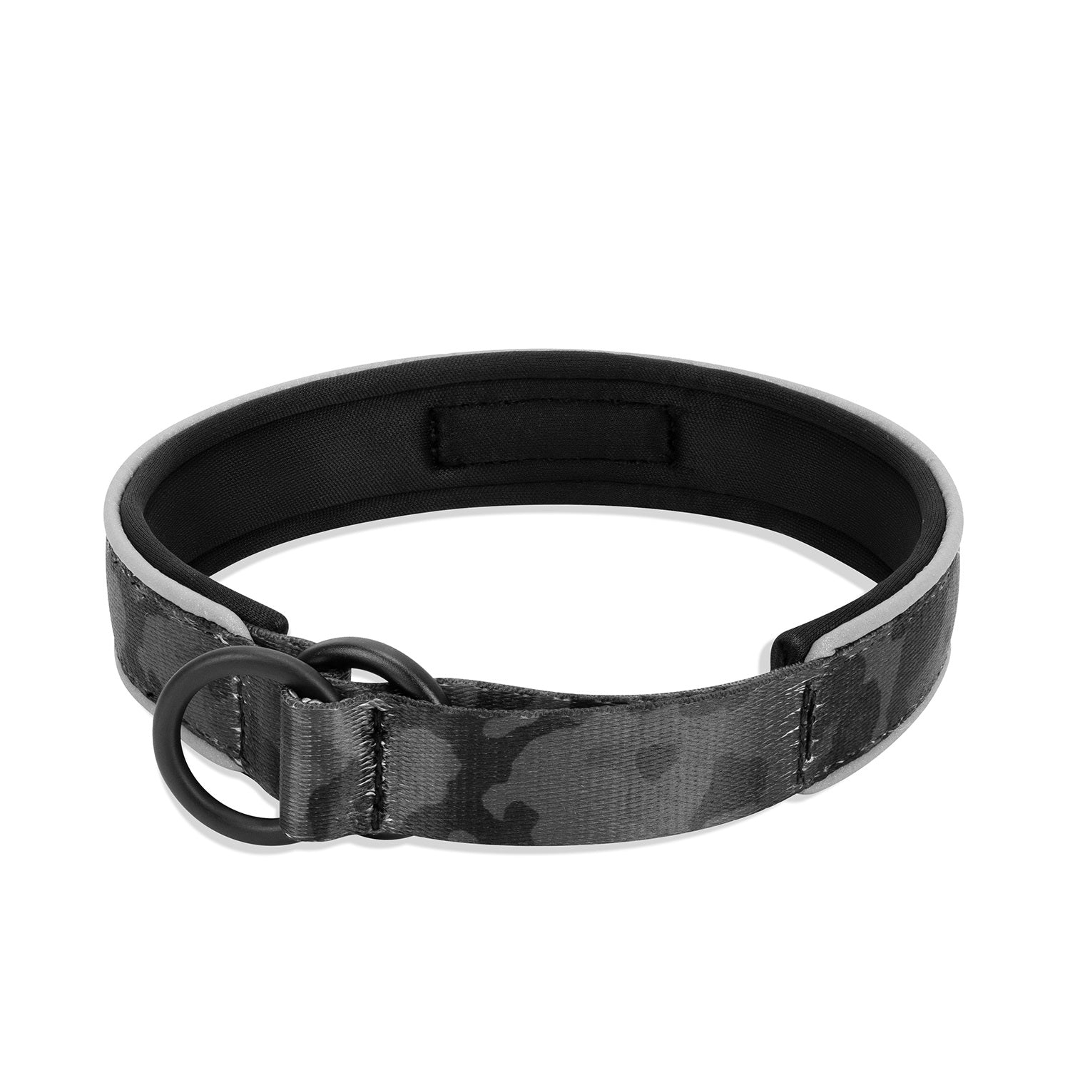 OllyDog Martingale Reflective Comfort Collar in Dream Camo, showing padded neoprene lining, reflective trim for visibility, and durable metal O-ring attachment point, ideal for secure and comfortable fit #color_dream camo