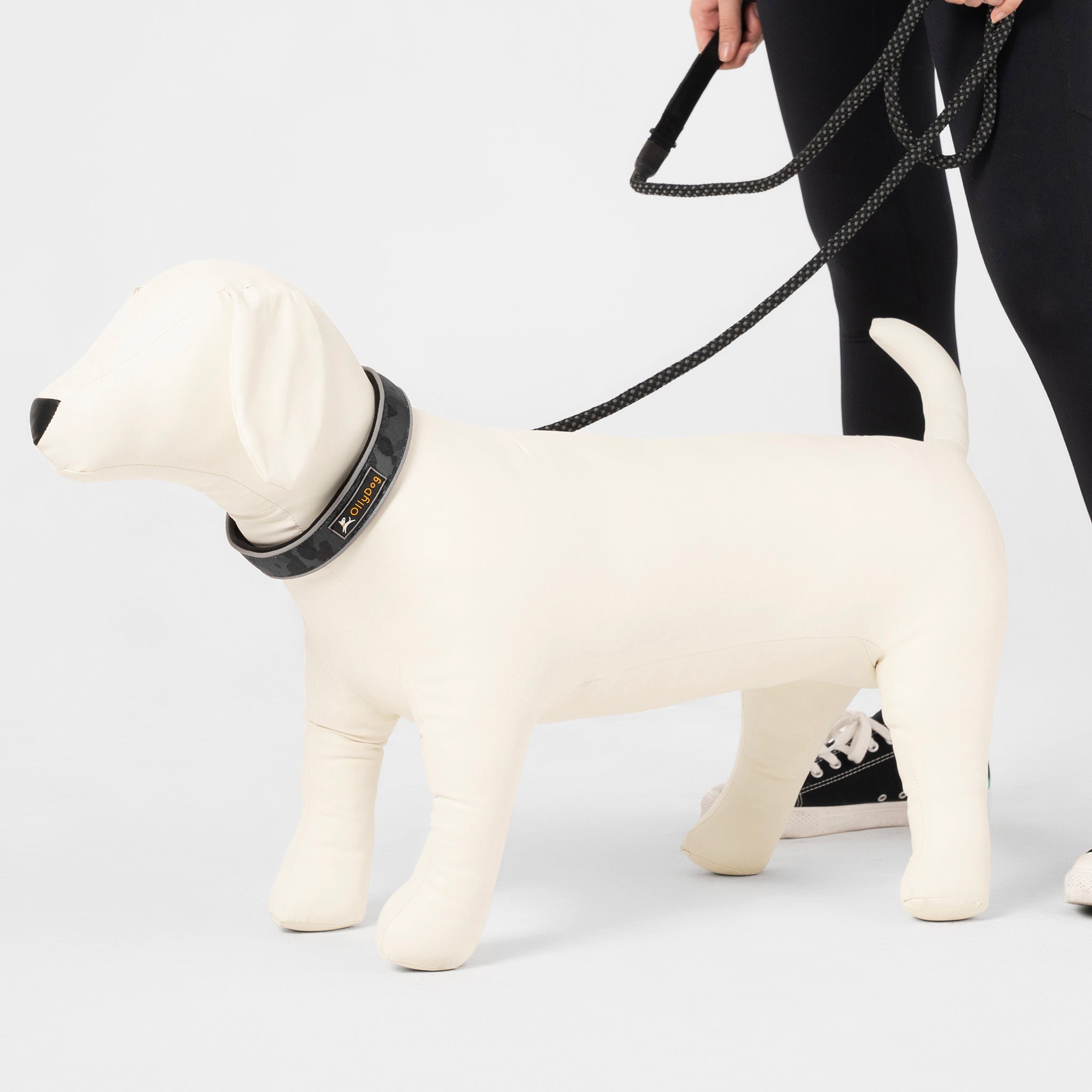 OllyDog Martingale Reflective Comfort Collar in Dream Camo on a dog mannequin, featuring padded neoprene for comfort, reflective piping, and metal O-ring attachment, shown with matching leash #color_dream camo