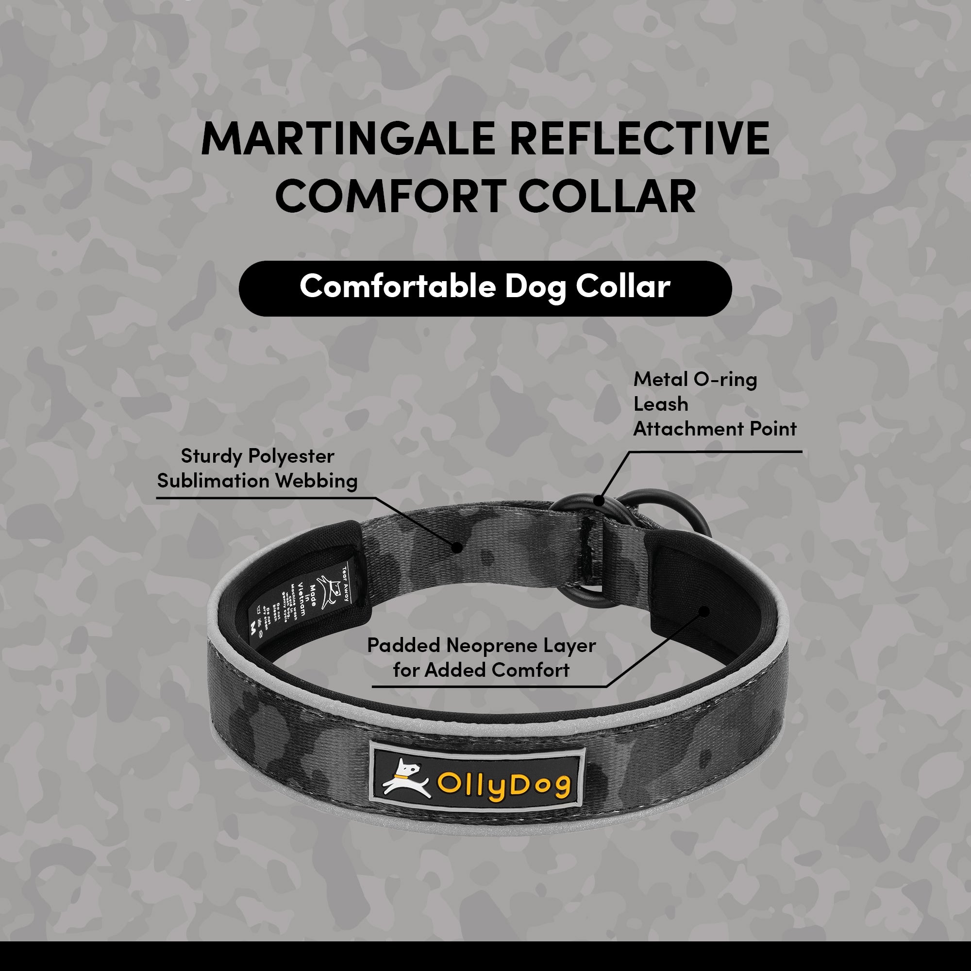 OllyDog Martingale Reflective Comfort Collar in Dream Camo with labeled callouts highlighting padded neoprene layer, sturdy sublimation polyester webbing, and metal O-ring leash attachment point on a camo background #color_dream camo