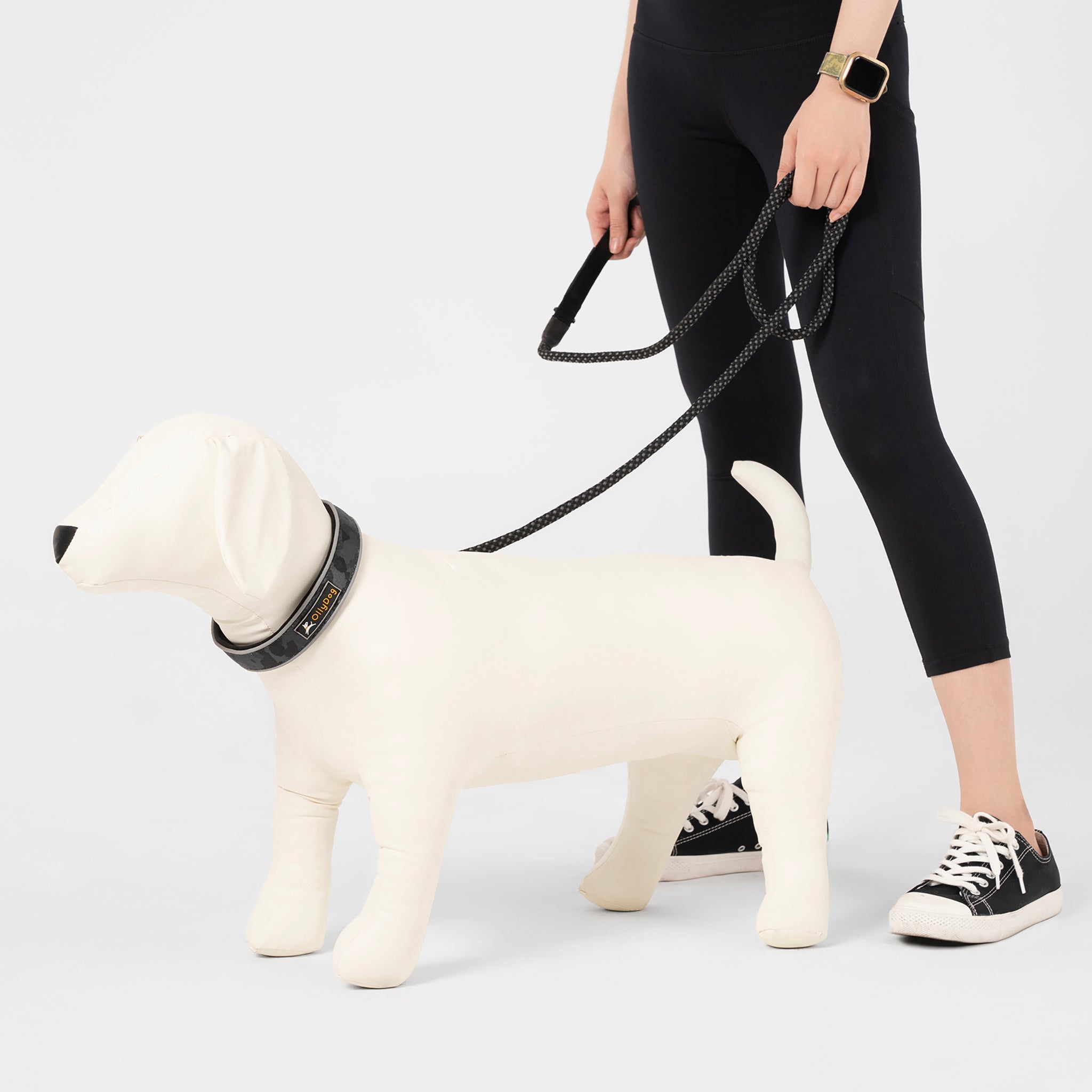 OllyDog Mountain Leash in Raven color, shown with a black and white dog mannequin, highlighting its durable rope design and ergonomic handle for comfortable walks #color_raven