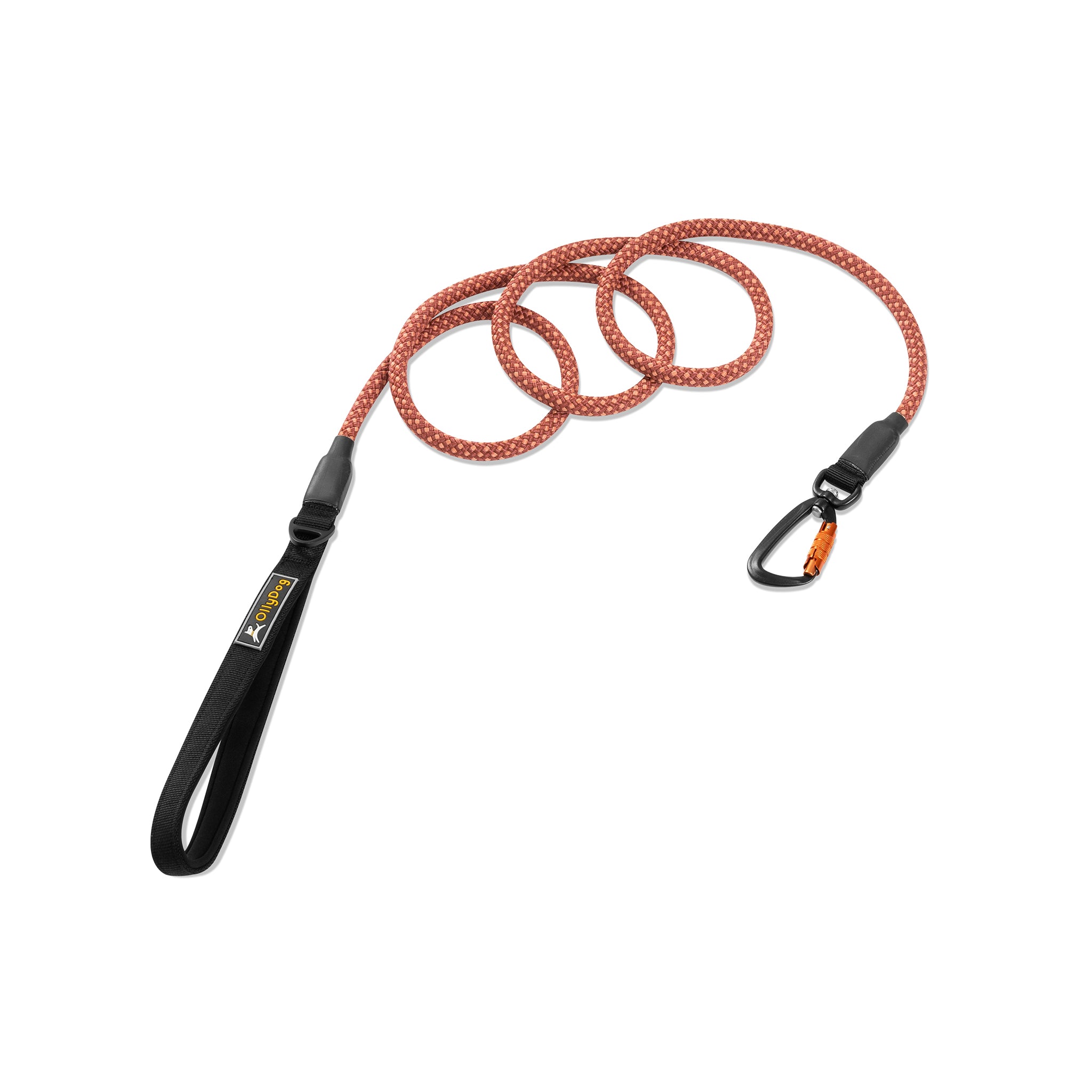 OllyDog Mountain Leash in clay color, made from durable kernmantle rope with a strong carabiner hook, padded handle for comfort, and nylon webbing. Designed for outdoor adventures and heavy-duty use #color_clay