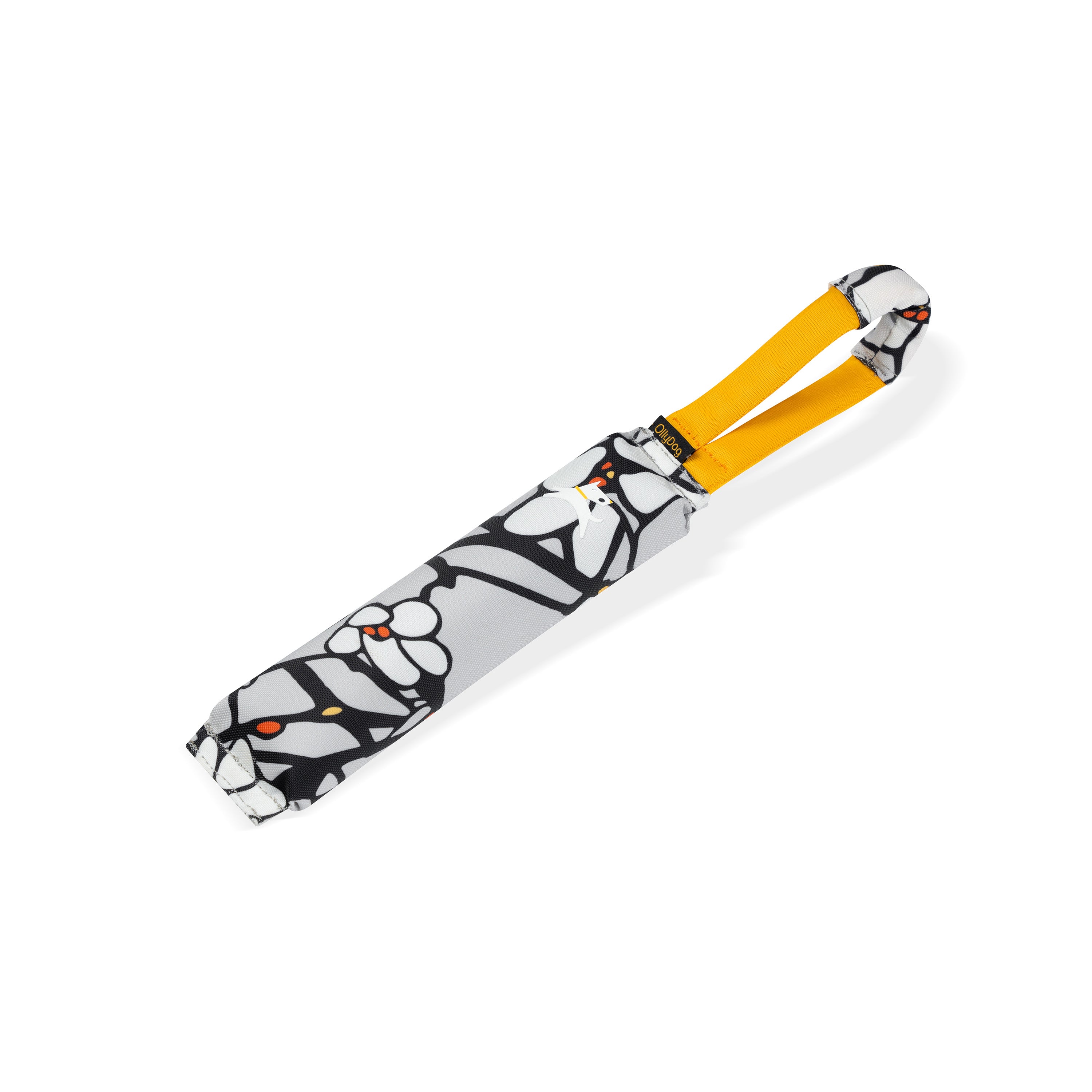 Side view of the OllyDog Tugger dog toy in Magnolia print, featuring a floral black-and-white pattern with a yellow handle. The eco-friendly toy is crafted from recycled materials for tug, fetch, and chew play #color_magnolia