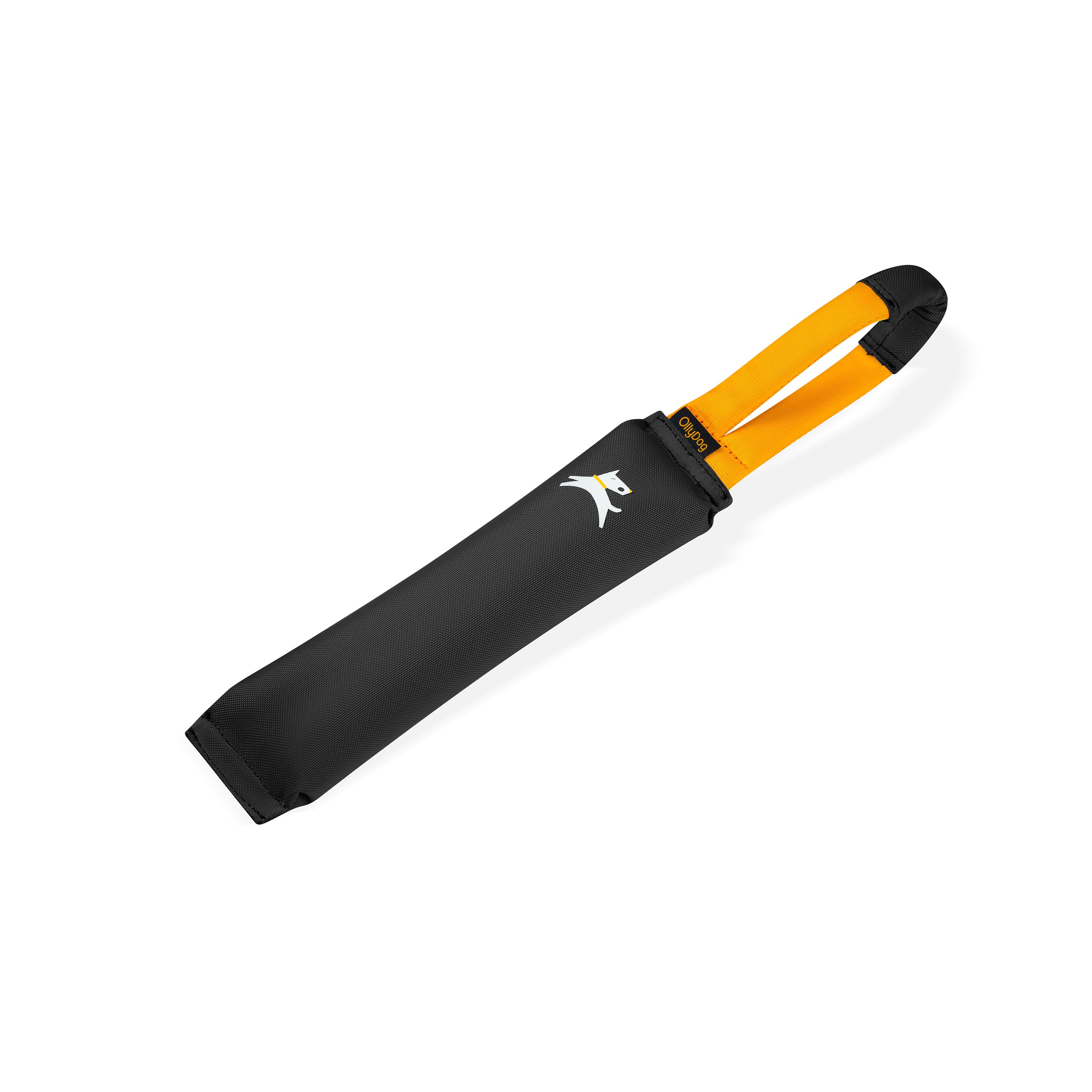 Side view of the OllyDog Tugger interactive dog toy in Raven colorway, featuring a sleek black body, durable fabric, bright yellow handle, and OllyDog logo on the front #color_raven