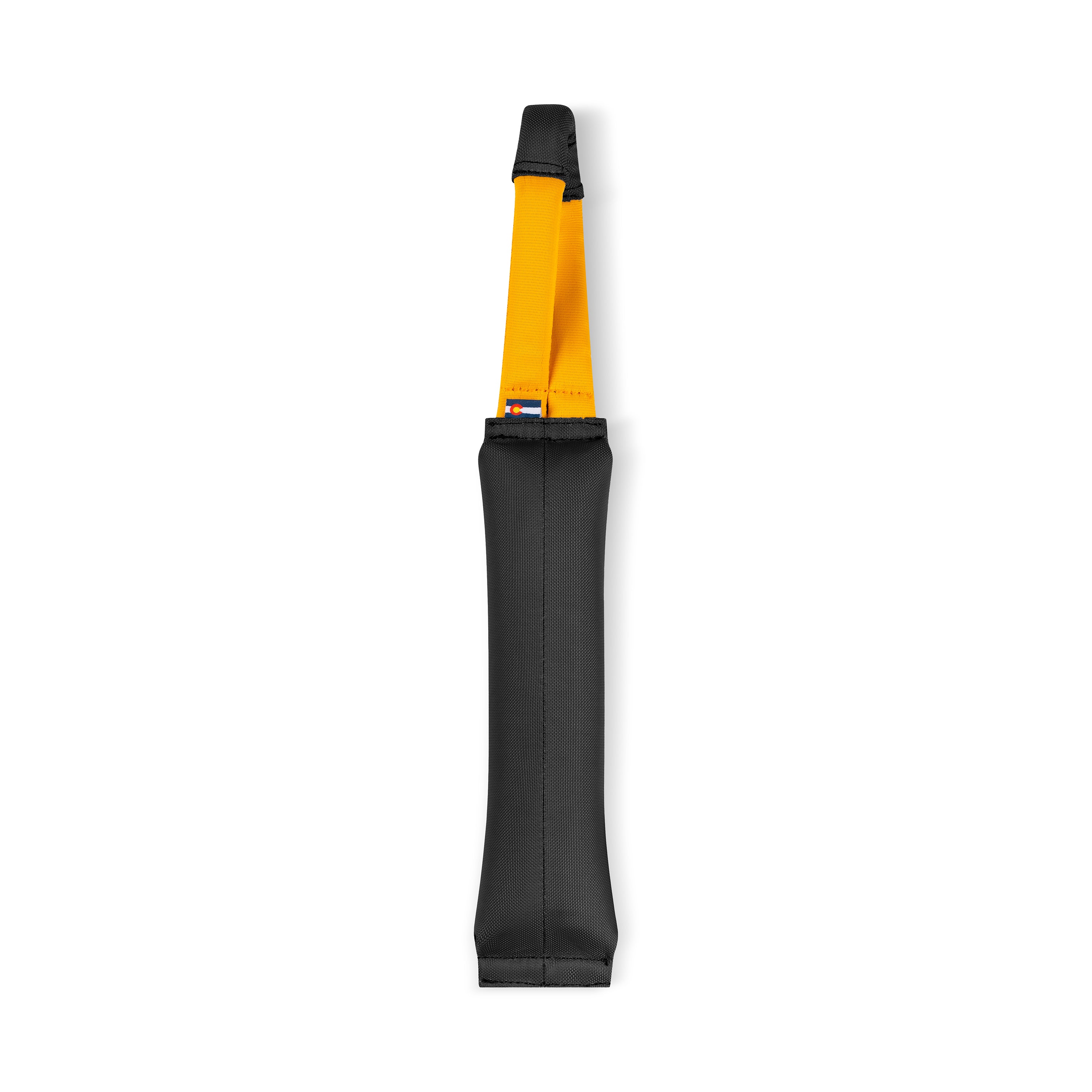 Flat back view of the OllyDog Tugger interactive dog toy in Raven colorway. The tug toy is black with a yellow handle and features reinforced stitching along the edges #color_raven
