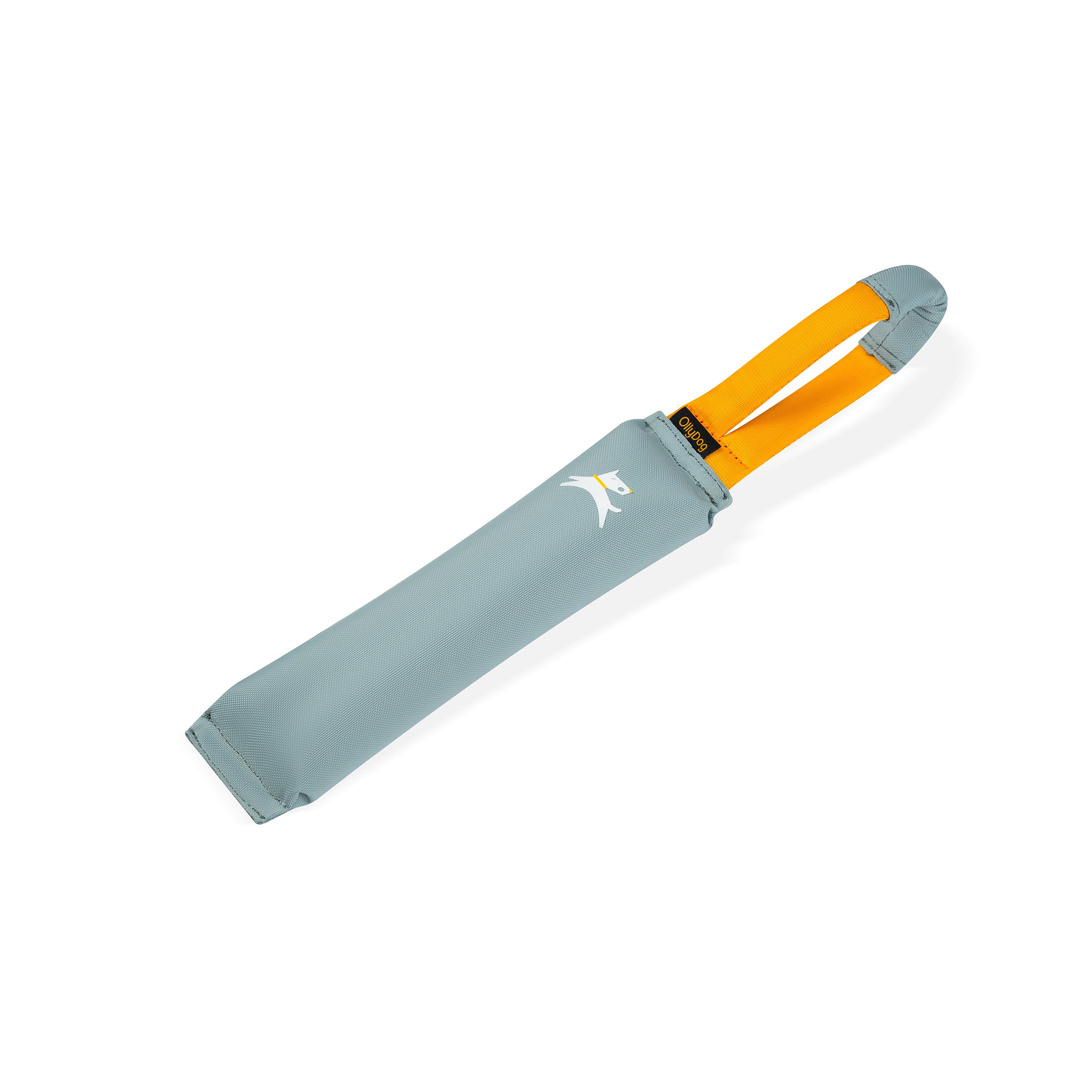 OllyDog Tugger dog toy in St. Lucia color, made from durable recycled fabric with a sturdy yellow handle, designed for tugging, fetching, and interactive play for dogs of all sizes #color_st. lucia