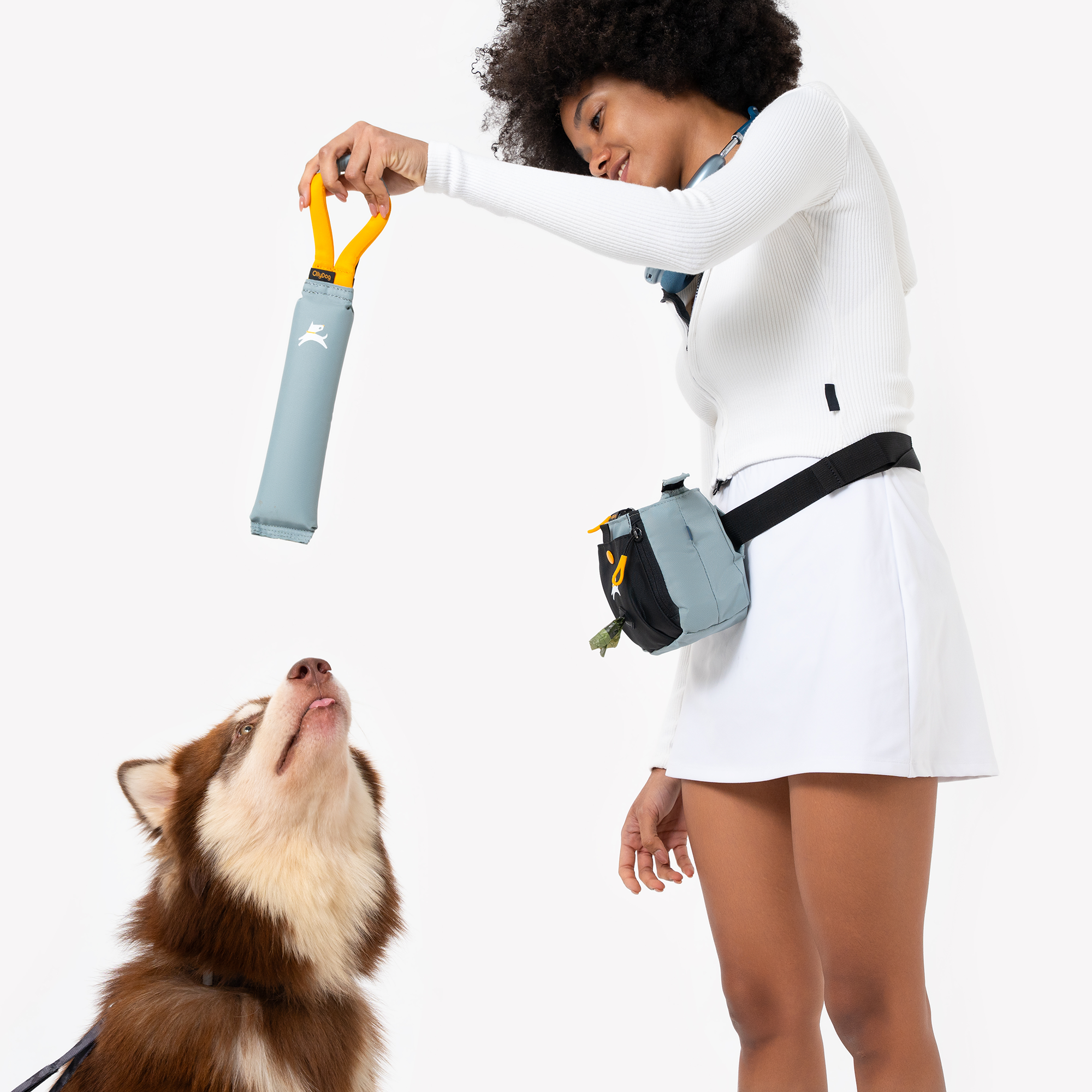 Person playing with a dog using the OllyDog Tugger toy in St. Lucia color. The dog looks up at the recycled, non-toxic tug toy with a sturdy yellow handle, designed for interactive play and fetching #color_st. lucia