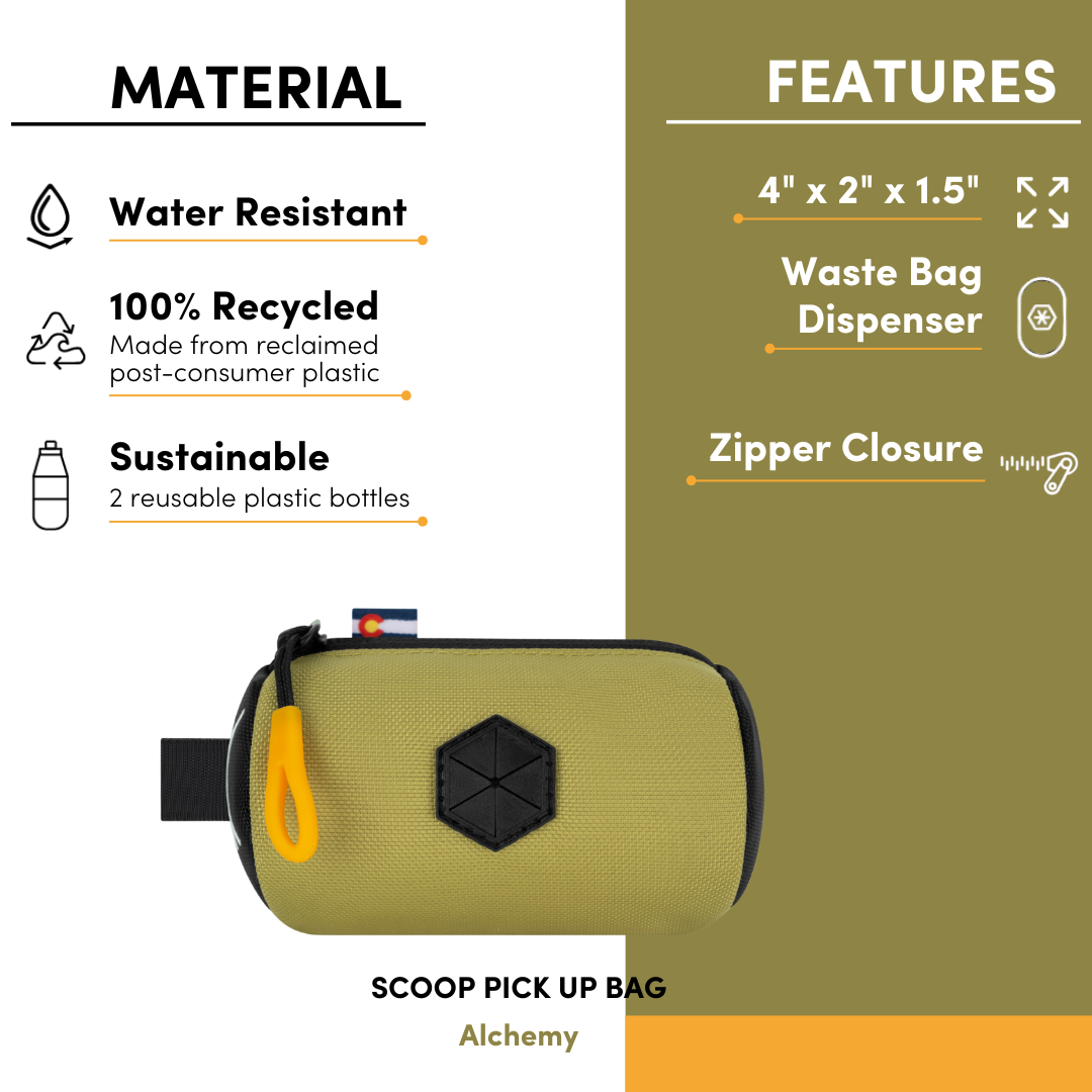 Callout image of the OllyDog Scoop Pick Up Bag in Alchemy color highlighting features: water resistant, 100% recycled material, sustainable design, and zipper closure #color_alchemy