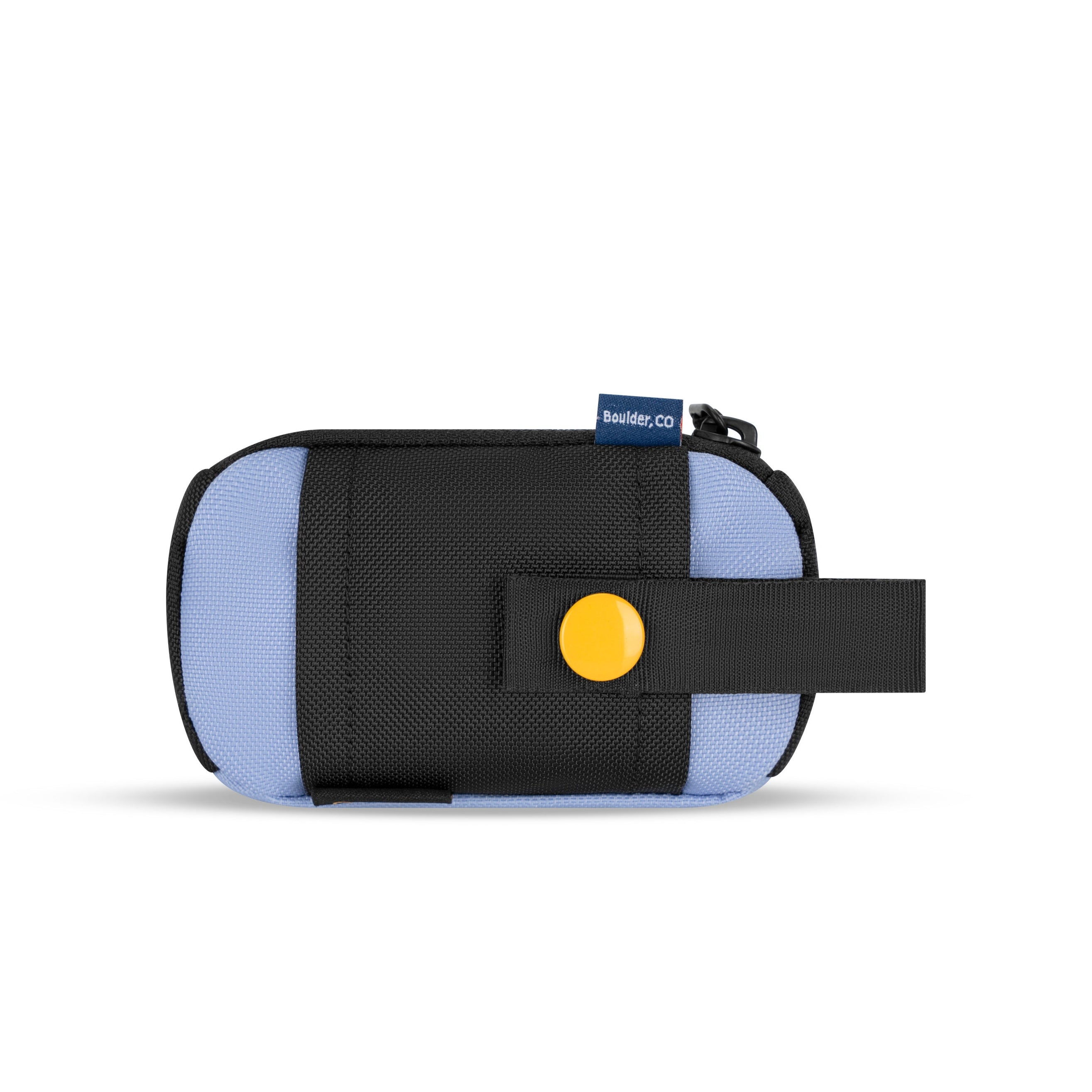 Back view of the OllyDog Scoop Pick Up Bag in Blue Heron color featuring snap-button strap for leash or belt attachment #color_blue heron